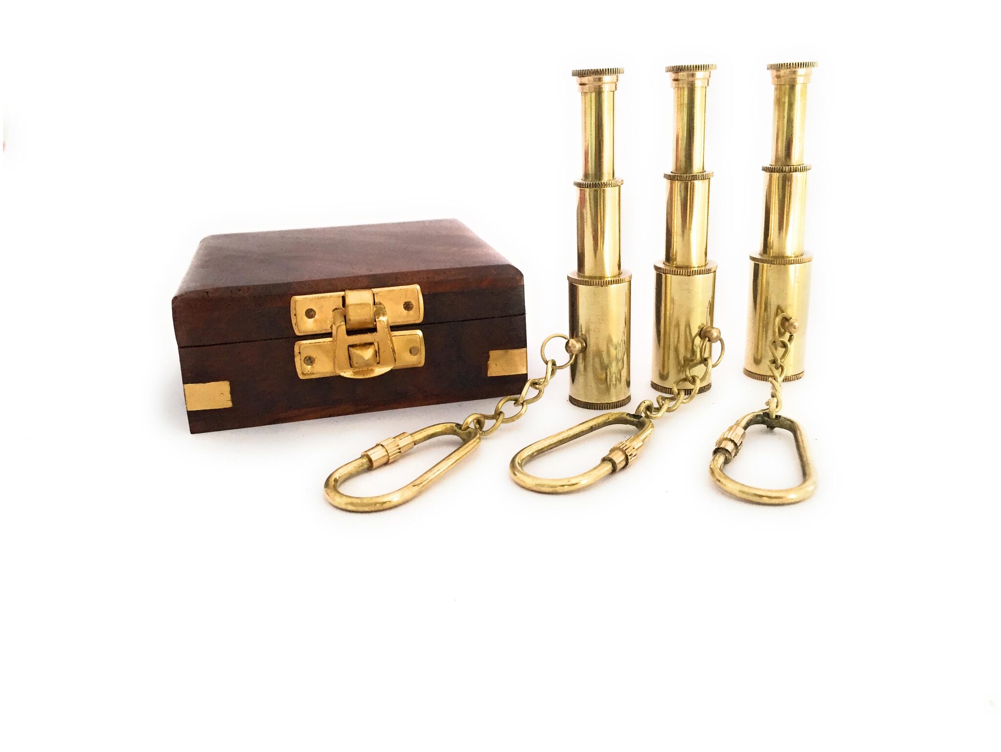 

Solid Brass Telescope Pirate Spyglass Keychain - Set of 3 with wood box