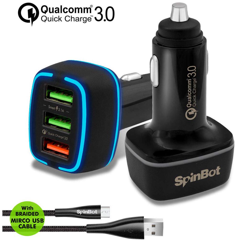 

SpinBot ChargeUp 3 Ports Quick Charge 3 0 Car charger Braided Micro USB Cable