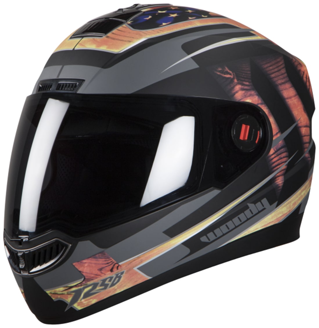

Steelbird Men s ISI Certified Graphics Helmet -Woody Glossy Finish with Smoke Visor ( Large 600MM Glossy Black)