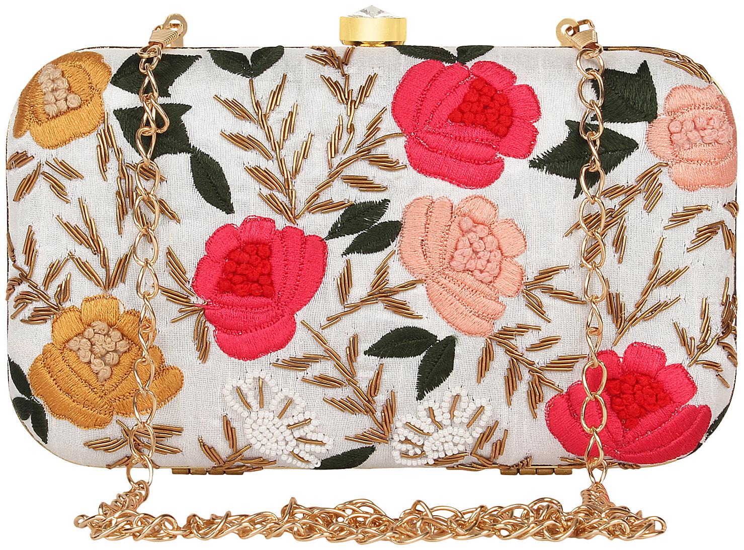 

Anekaant Adorn Embroidered Faux Silk Clutch White