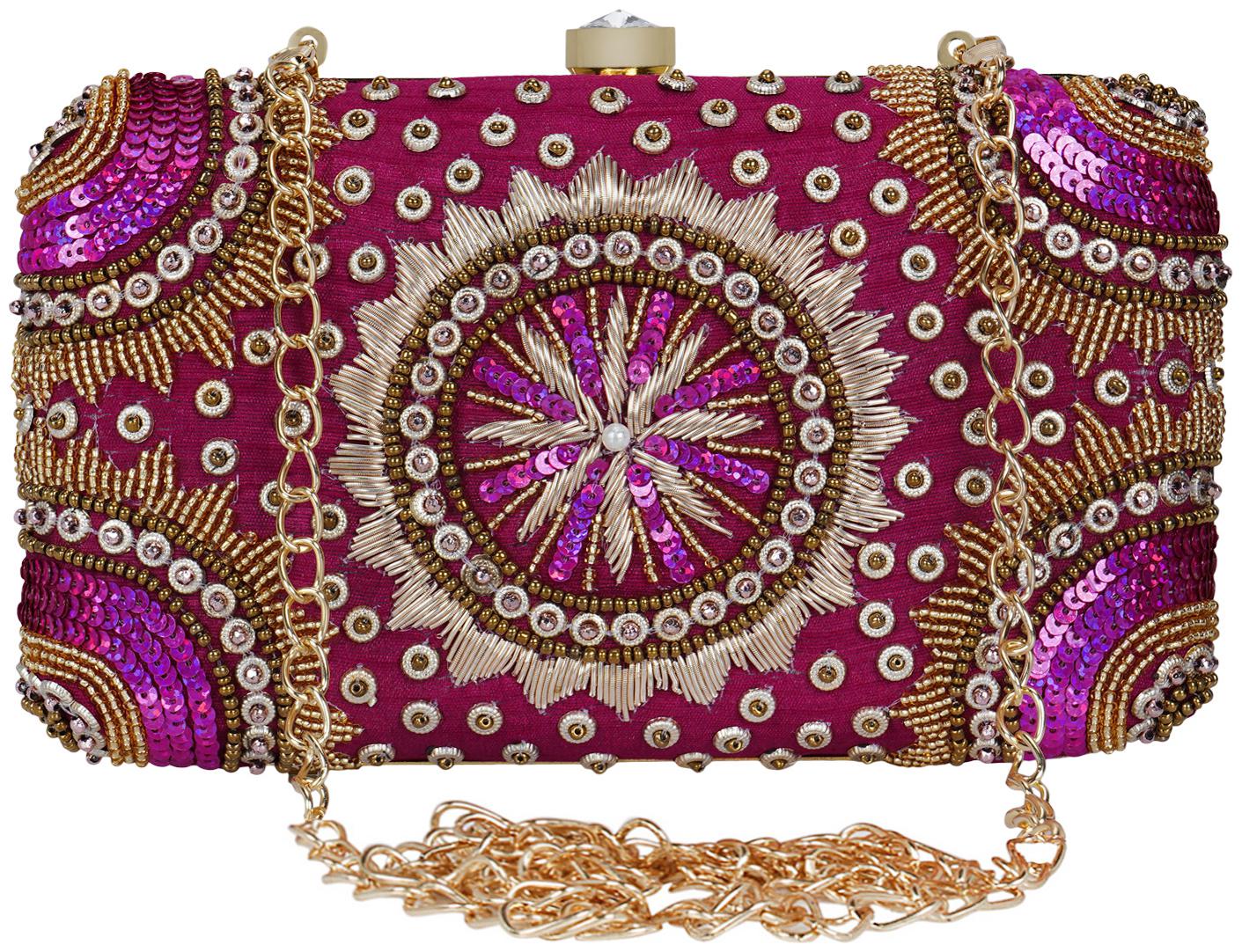 

Anekaant Adorn Sequines Embellished Faux Silk Clutch Magenta Pink