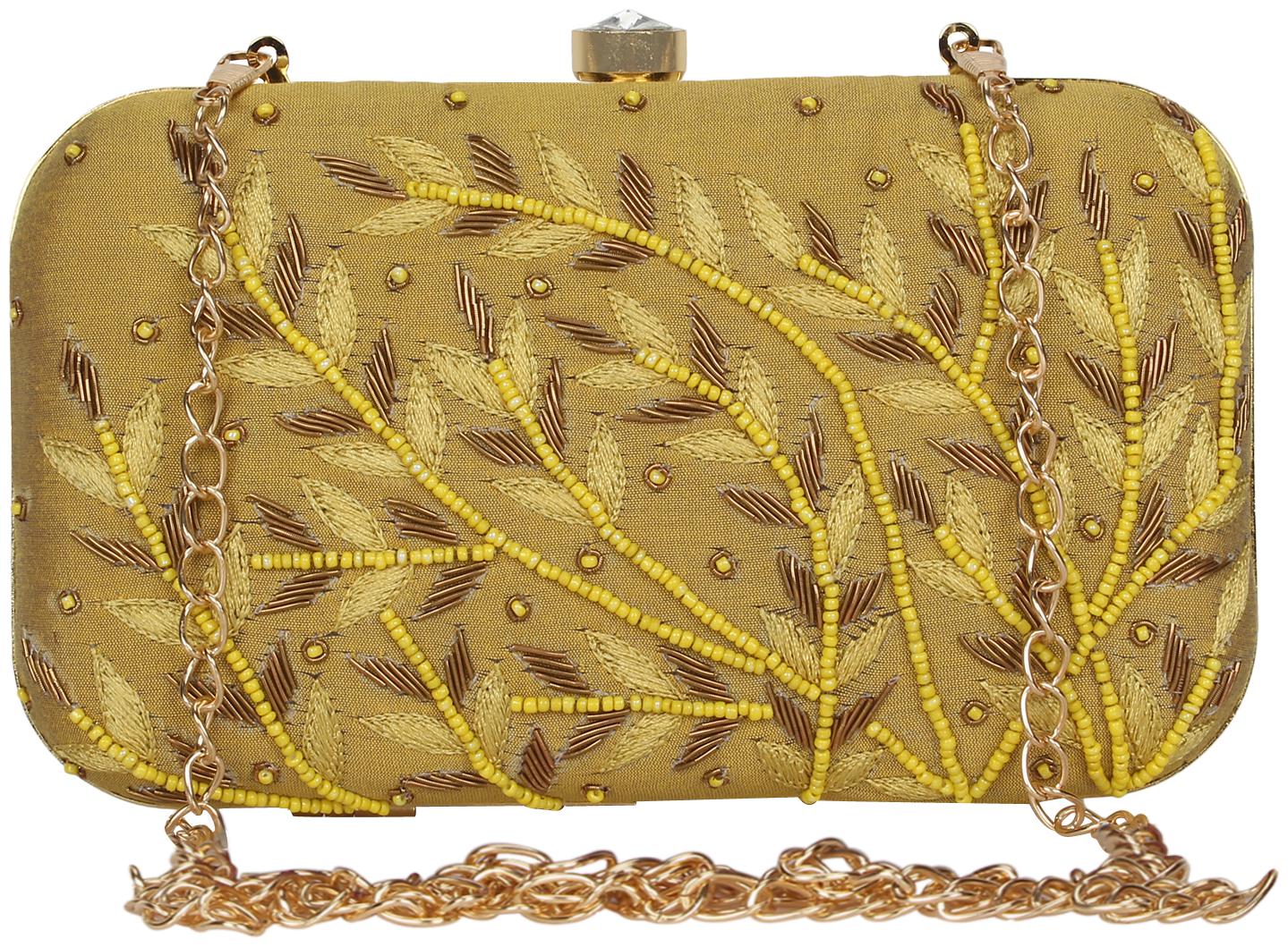 

Anekaant Adorn Embroidered Faux Slik Clutch Mustard