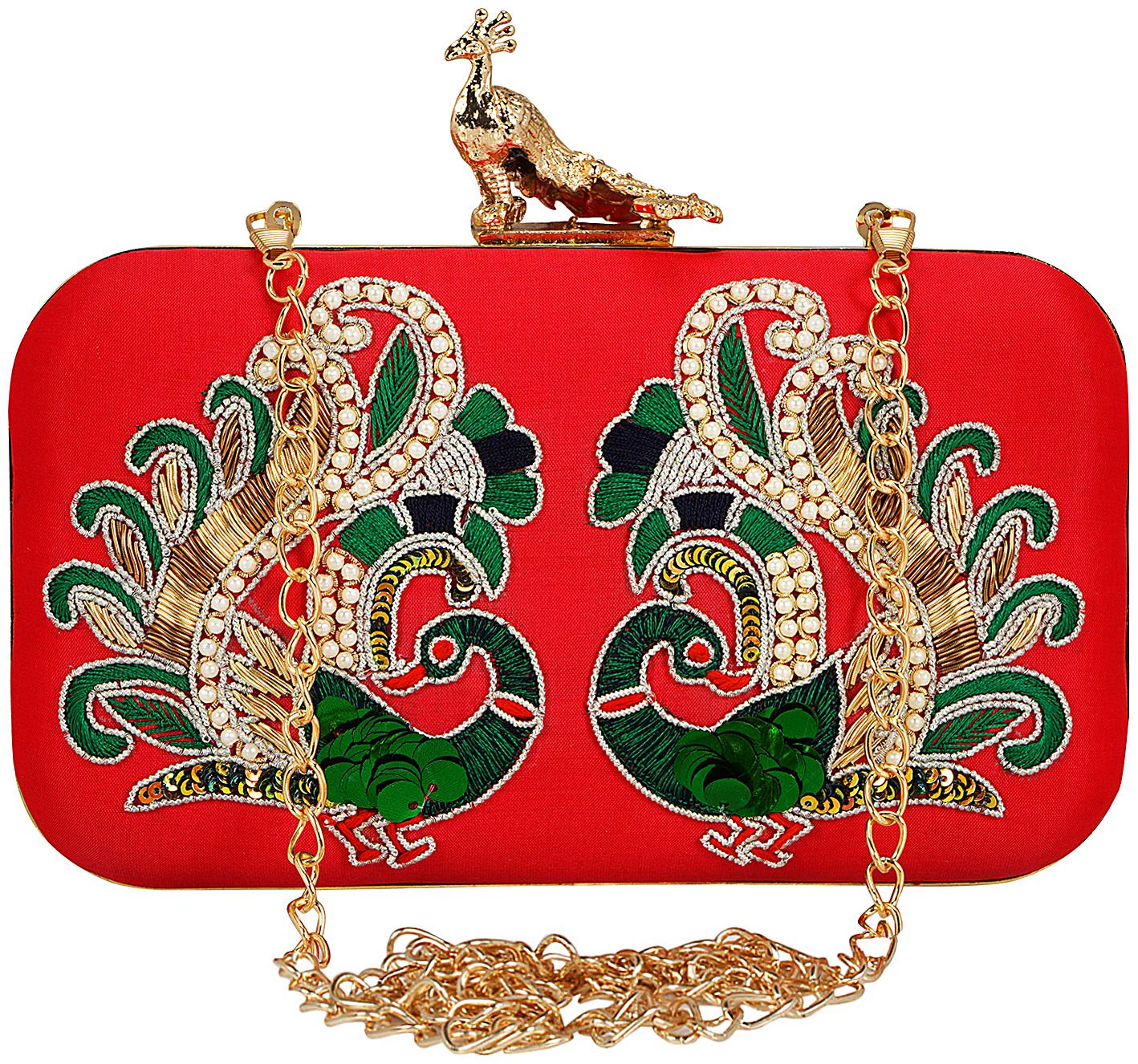 

Anekaant Adorn Embroidered Faux Silk Clutch Red