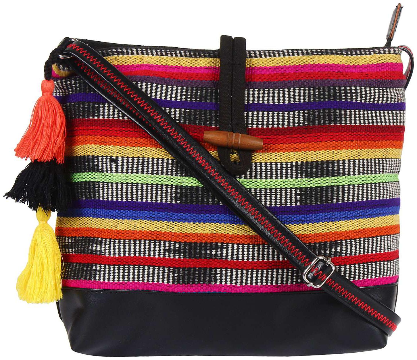 

Anekaant Black Canvas Striped Sling Bag