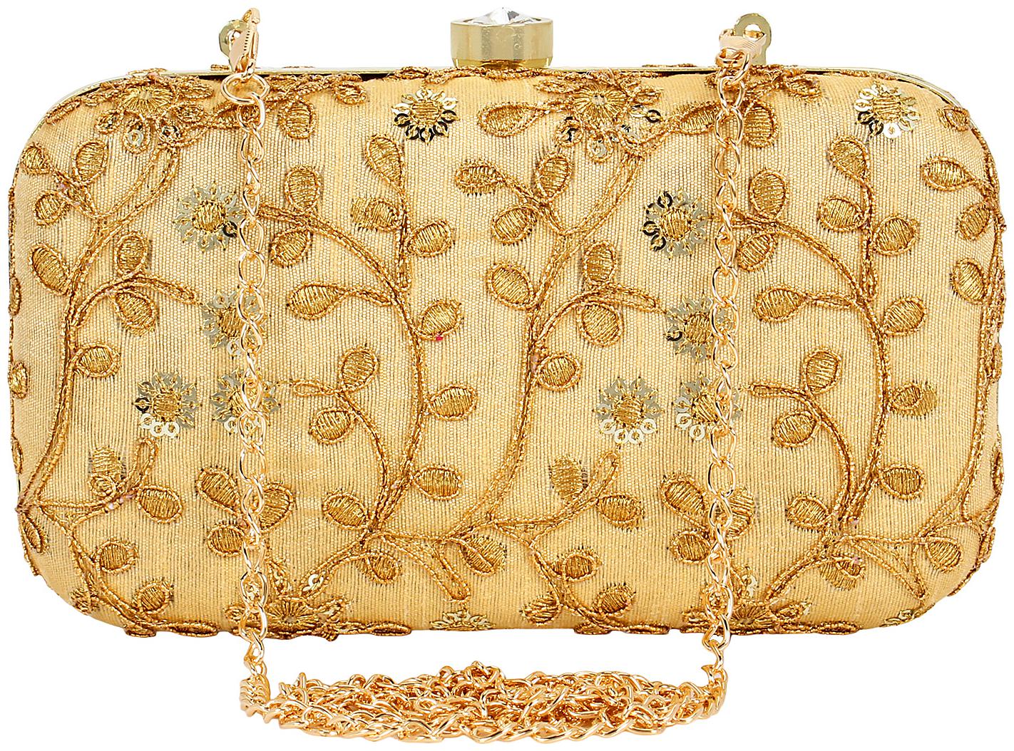 

Anekaant Ethnique Embroidered Party Clutch Bag Beige Gold
