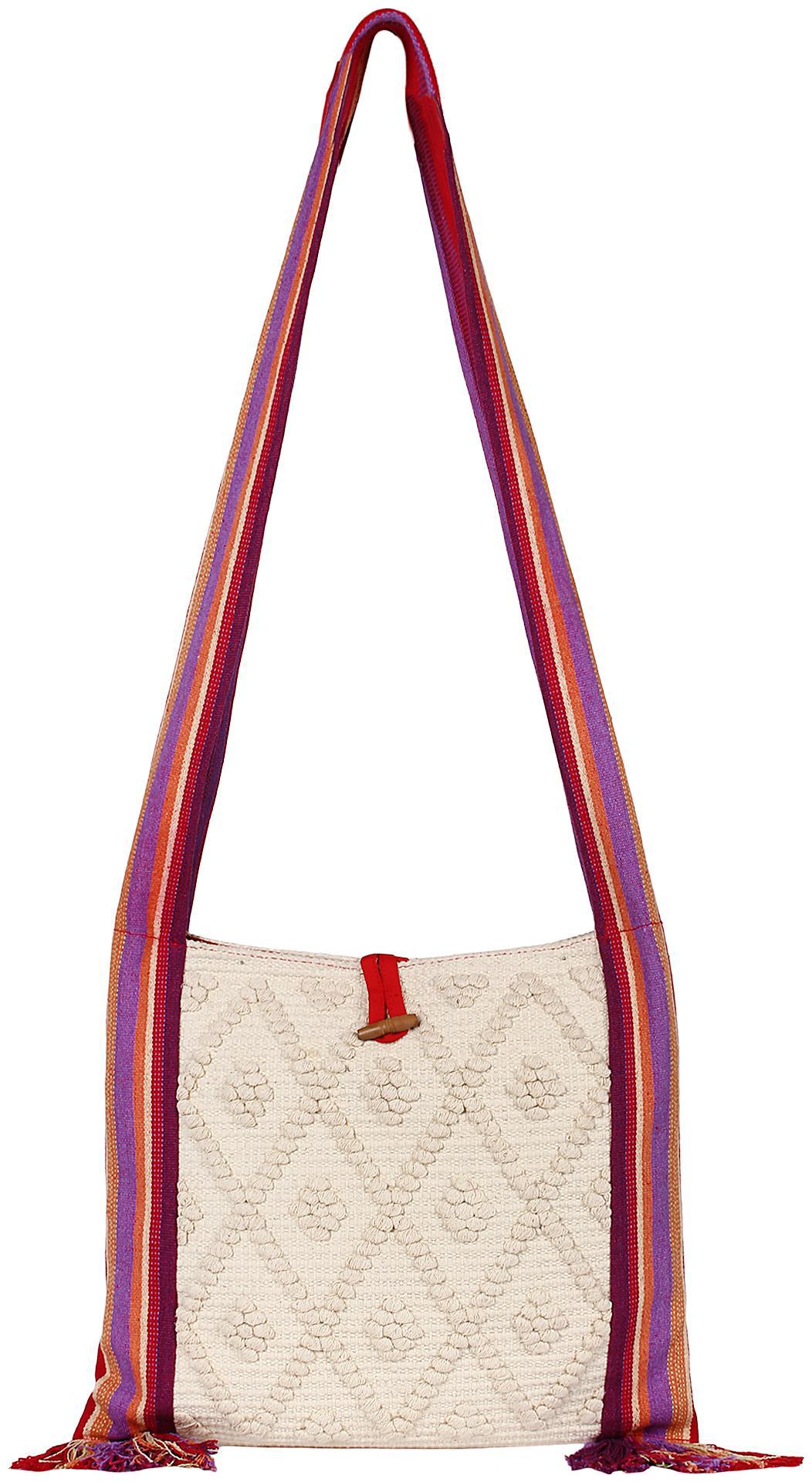 

Anekaant White Cotton Striped Sling Bag
