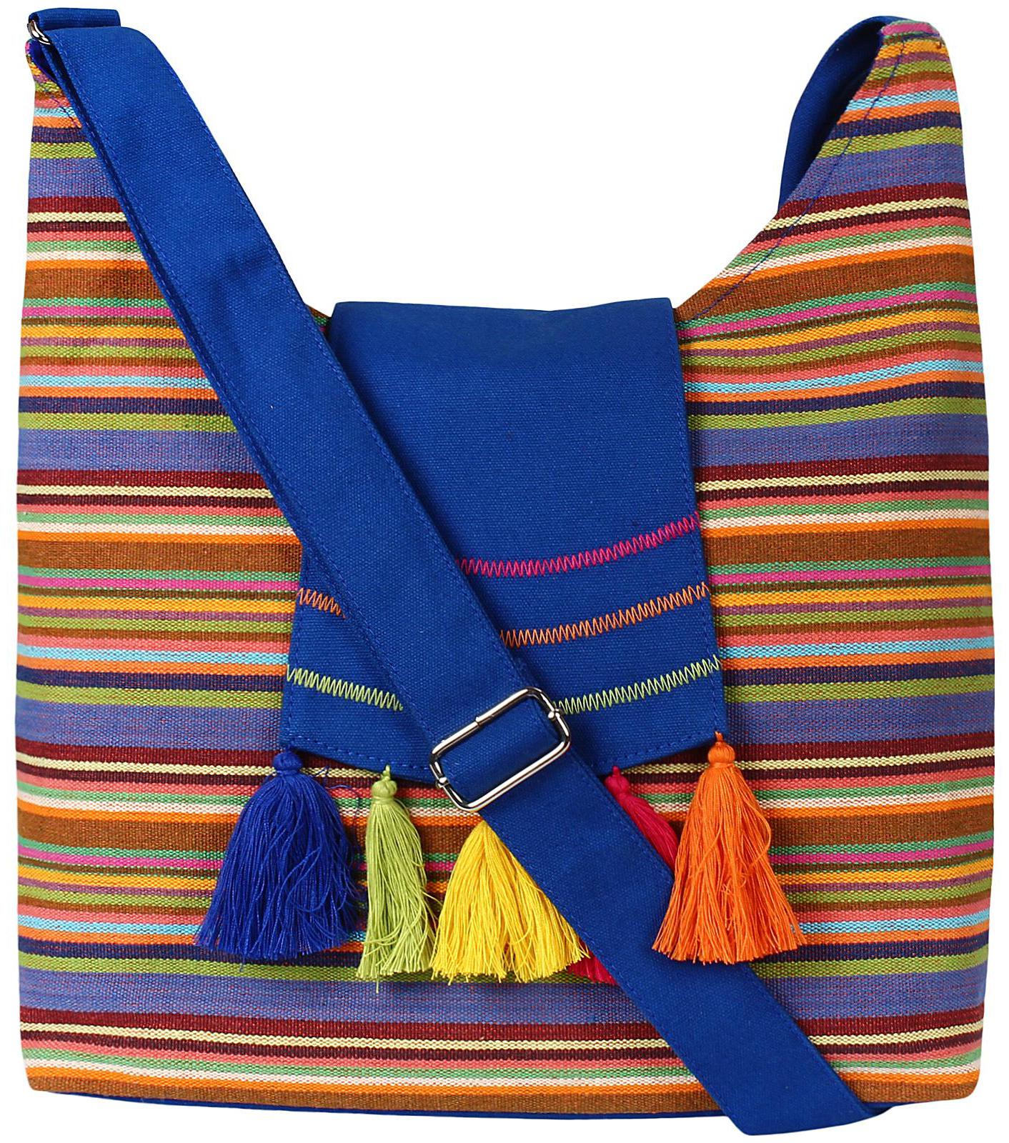 

Anekaant Blue Cotton Striped Sling Bag