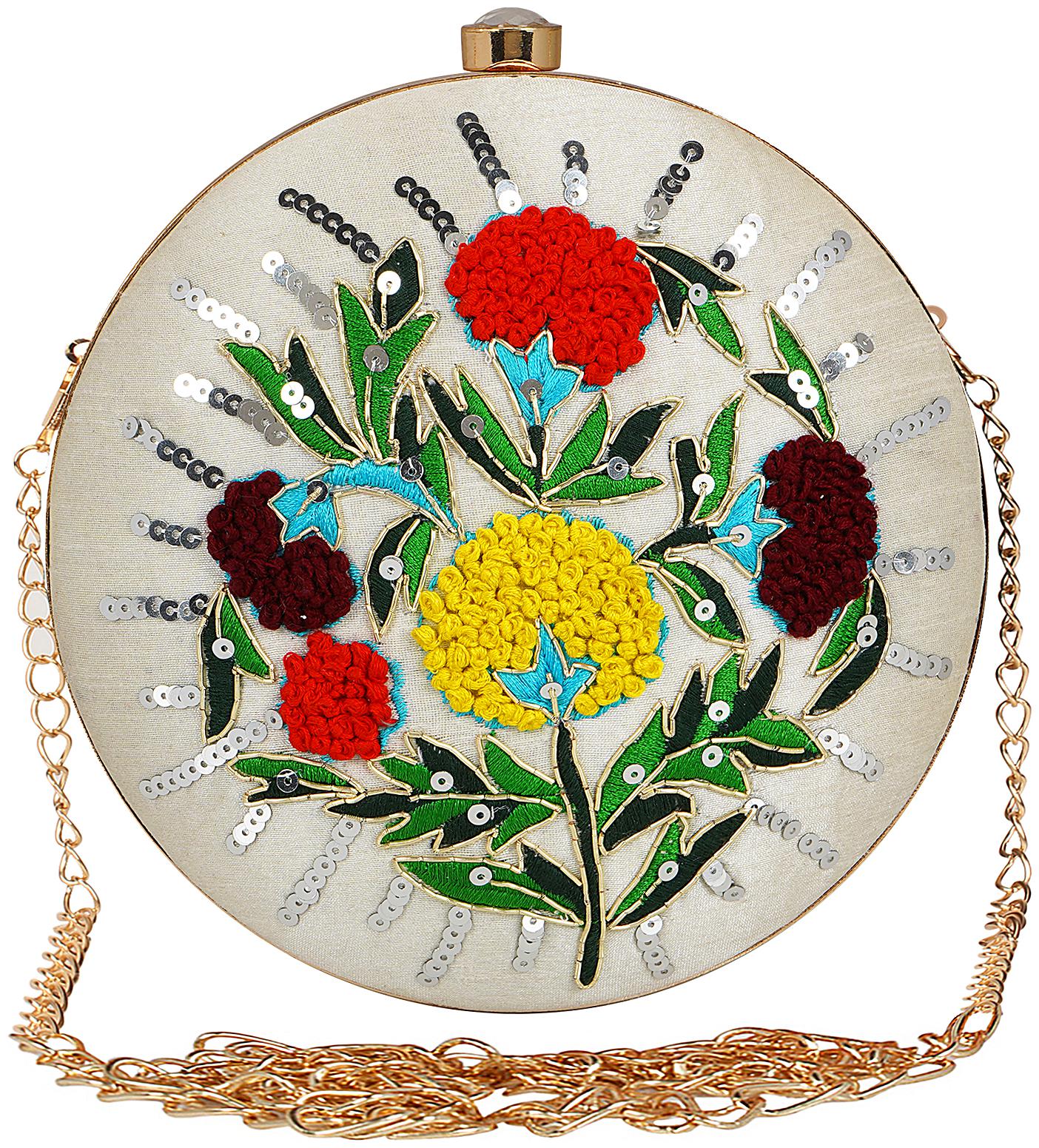 

Anekaant Gala Embroiderd Sequines Velvet Round Clutch White