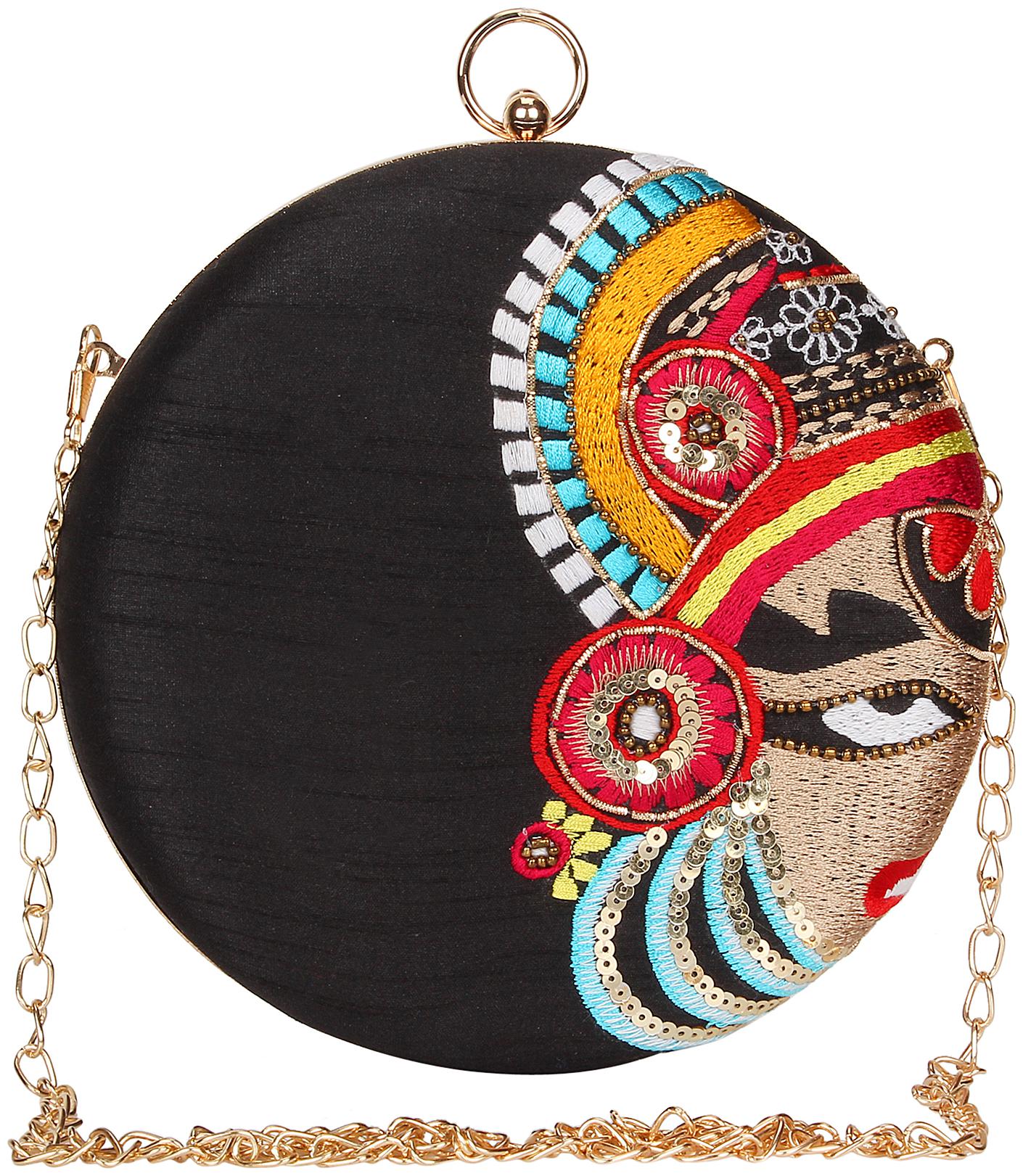 

Anekaant Kathak Embroidered Faux Silk Round Clutch