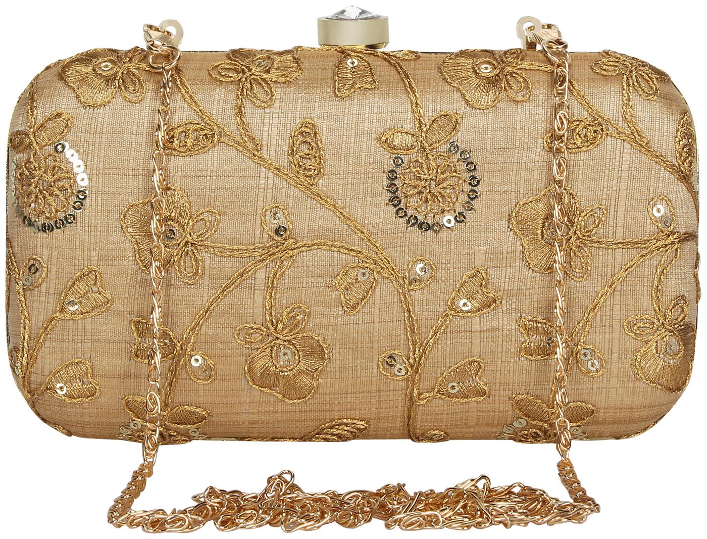 

Anekaant Tulle Embroidered Sequines Faux Slik Clutch Beige