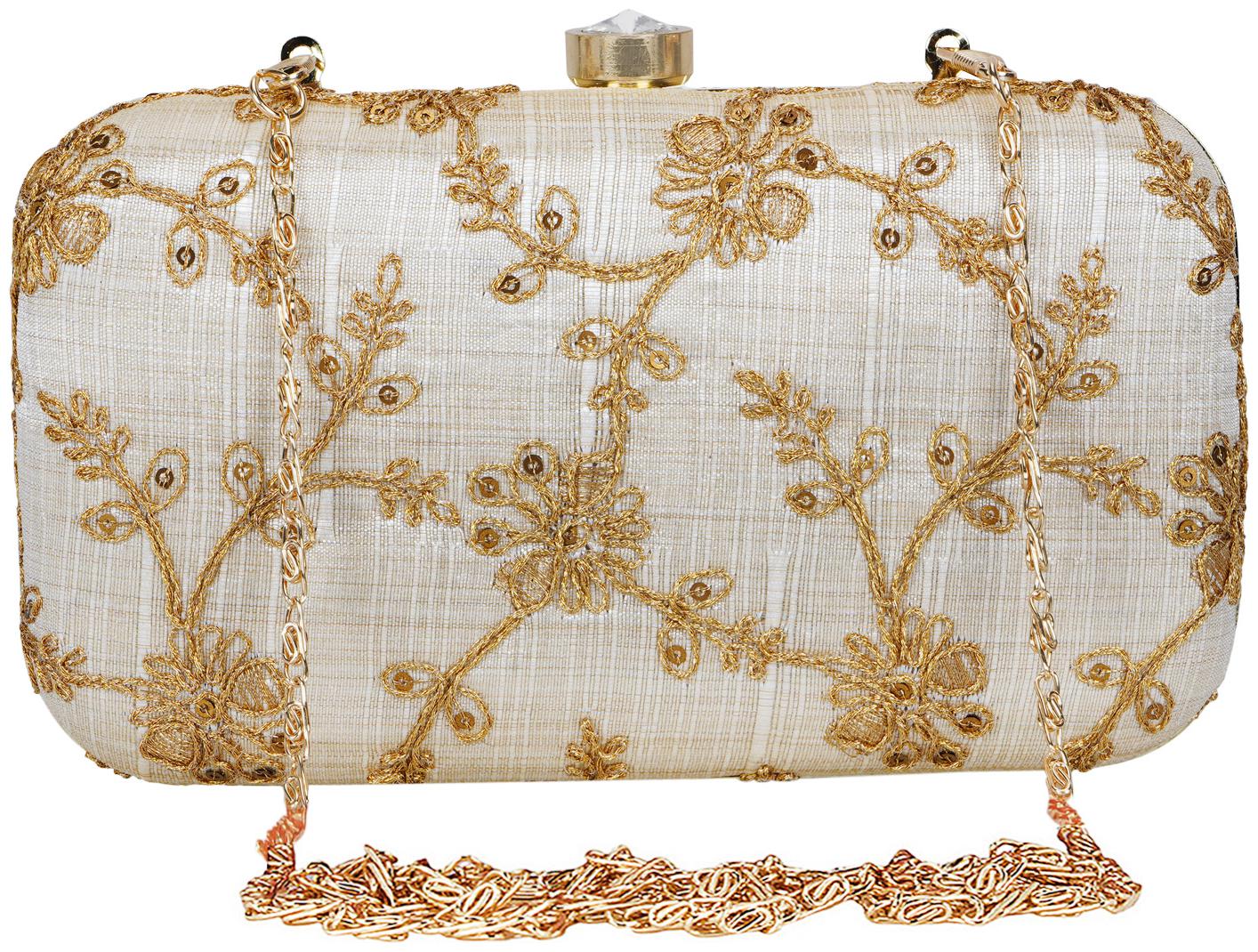 

Anekaant Tulle Embroidered Sequines Faux Slik Clutch Offwhite