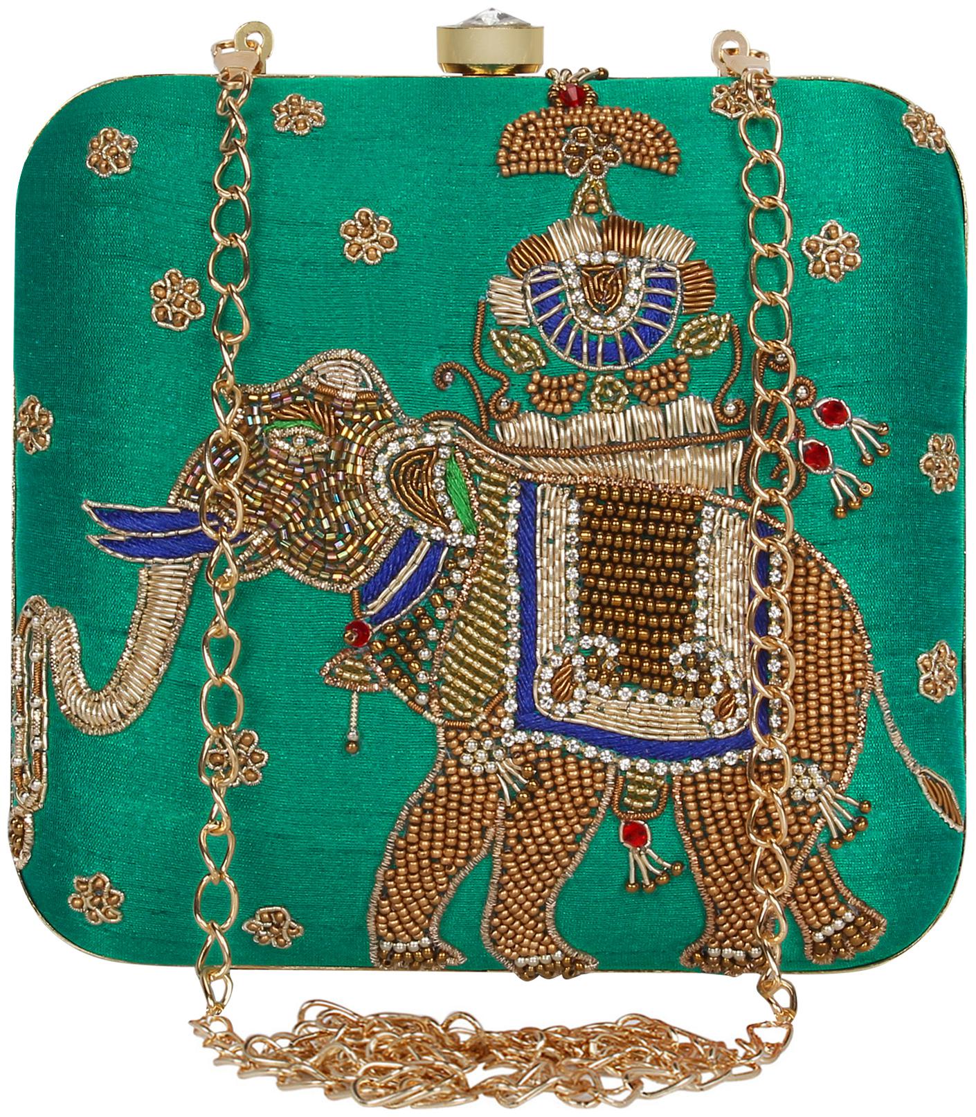 

Anekaant Vista Embellished Faux Slik Clutch Rama Green