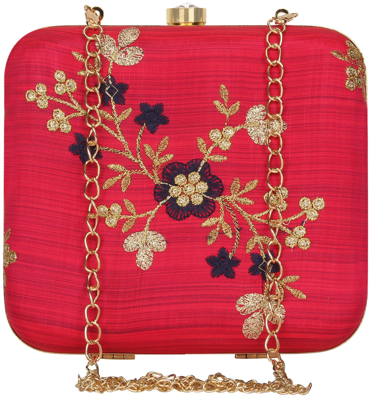 

Anekaant Vista Embroidered Faux Silk Box Clutch Fuschia