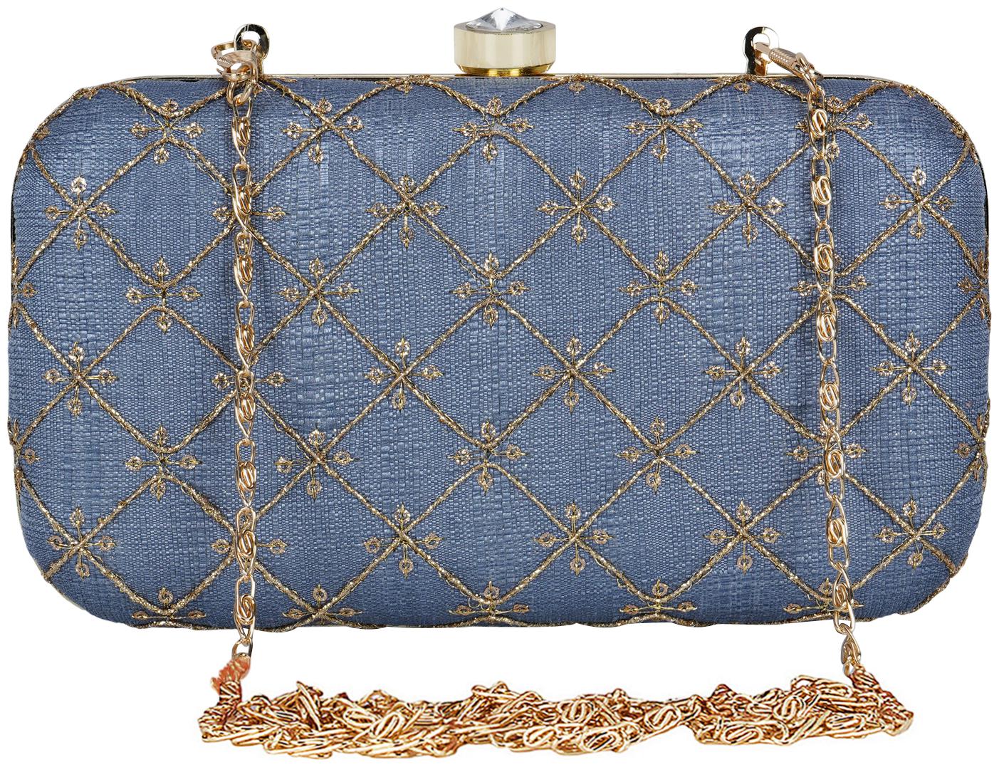 

Anekaant Web Embroidered Sequines Faux Silk Clutch Grey