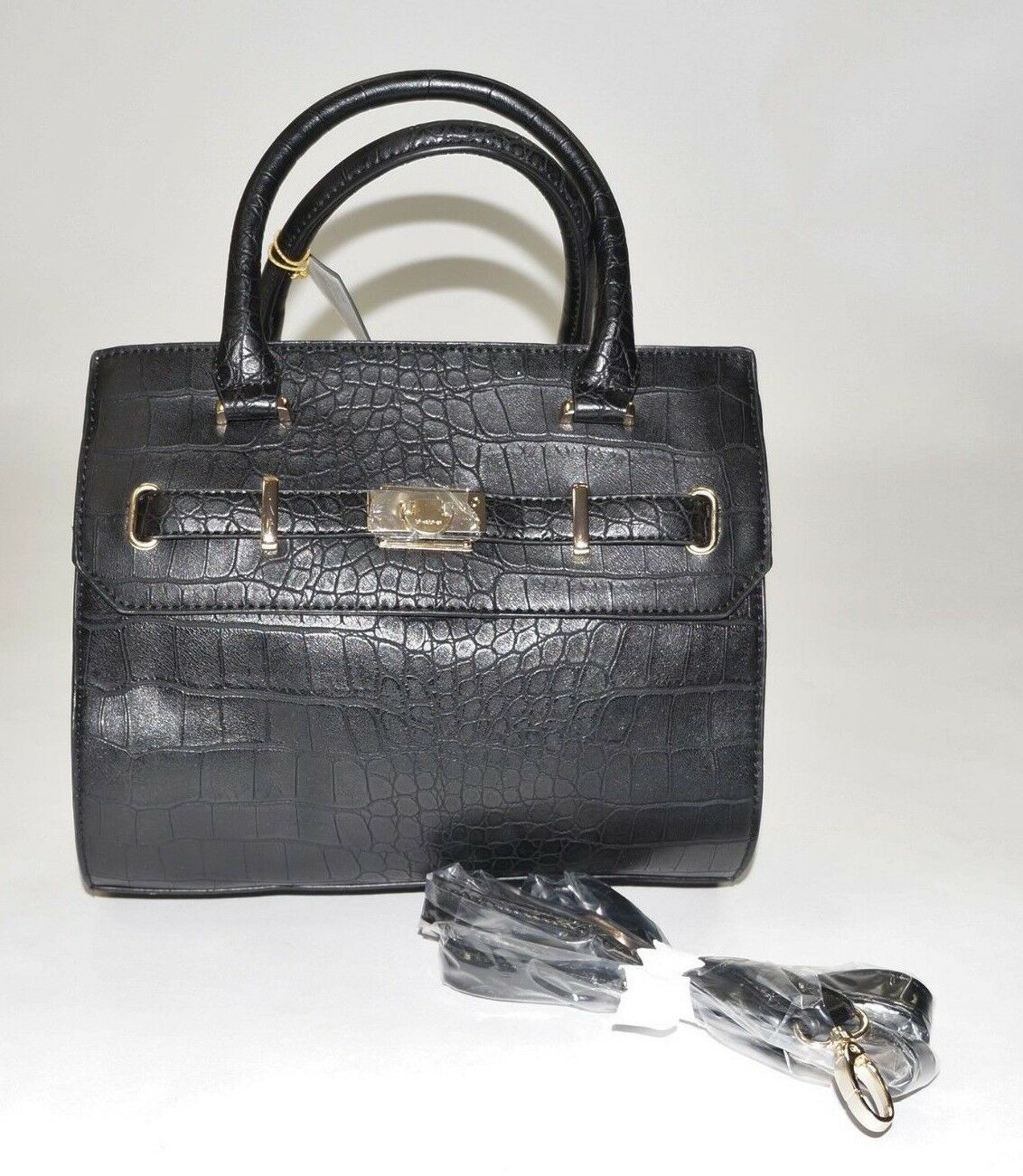 

BEBE Black Snakeskin Embossed Cindy Satchel Purse