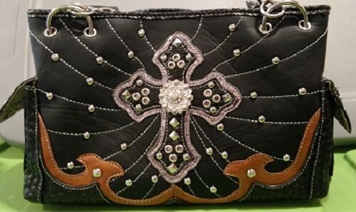 

BHW WESTERN STYLE BLACK TAN SILVER ACCENT RHINESTONE CROSS BLING PURSE TOTE NEW