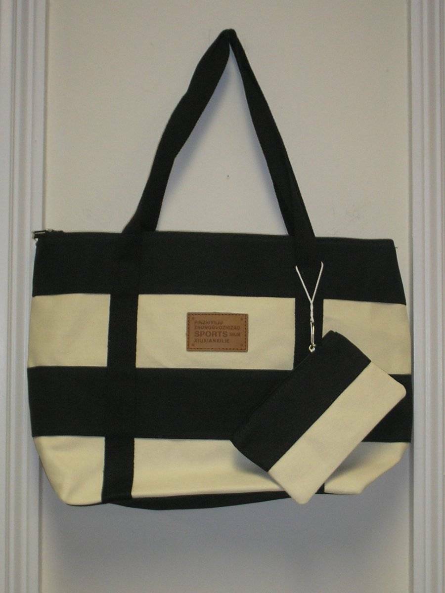 

BLACK BEIGE SPORTS BAG TOTE MATCH CHANGE PURSE SHOULDER BAG CANVAS LINED NEW
