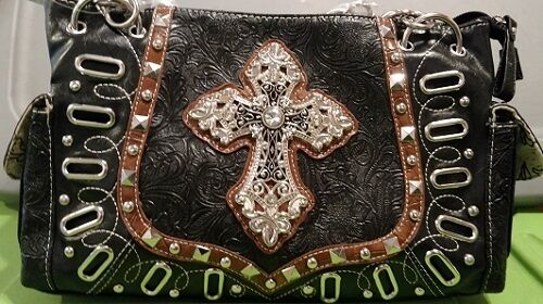 

BLACK TAN SILVER BHW WESTERN STYLE RHINESTONE CROSS BLING PURSE TOTE NEW