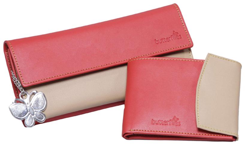 

Butterflies Red Beige Pu Pack Of 2 Wallets
