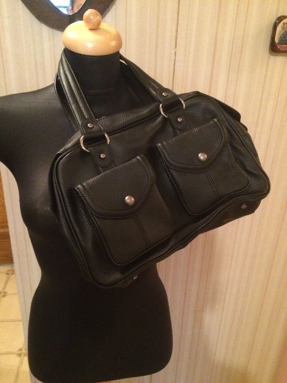 

Casual Corner Black Leather Medium Satchel Handbag Double Handle NWT Pristine