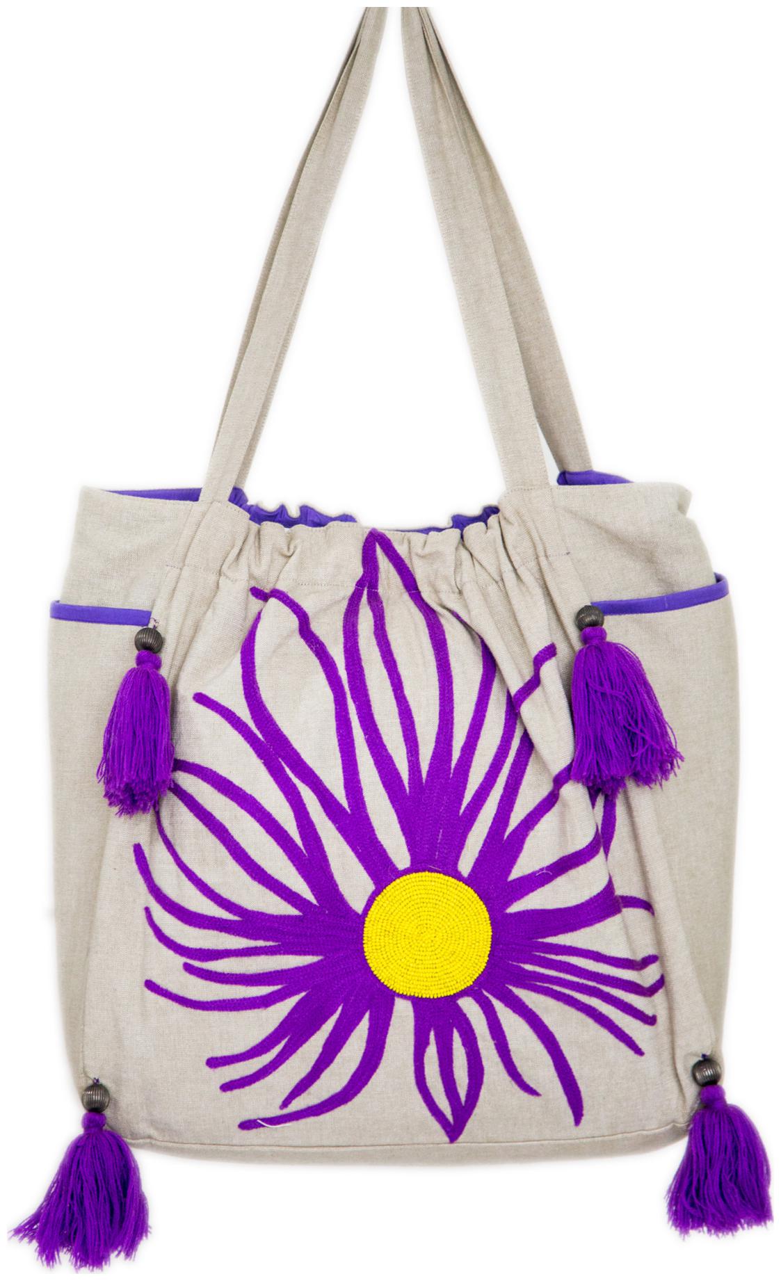 

Cotton Embroidered Puprle and Beige Shoulder Tote Bag
