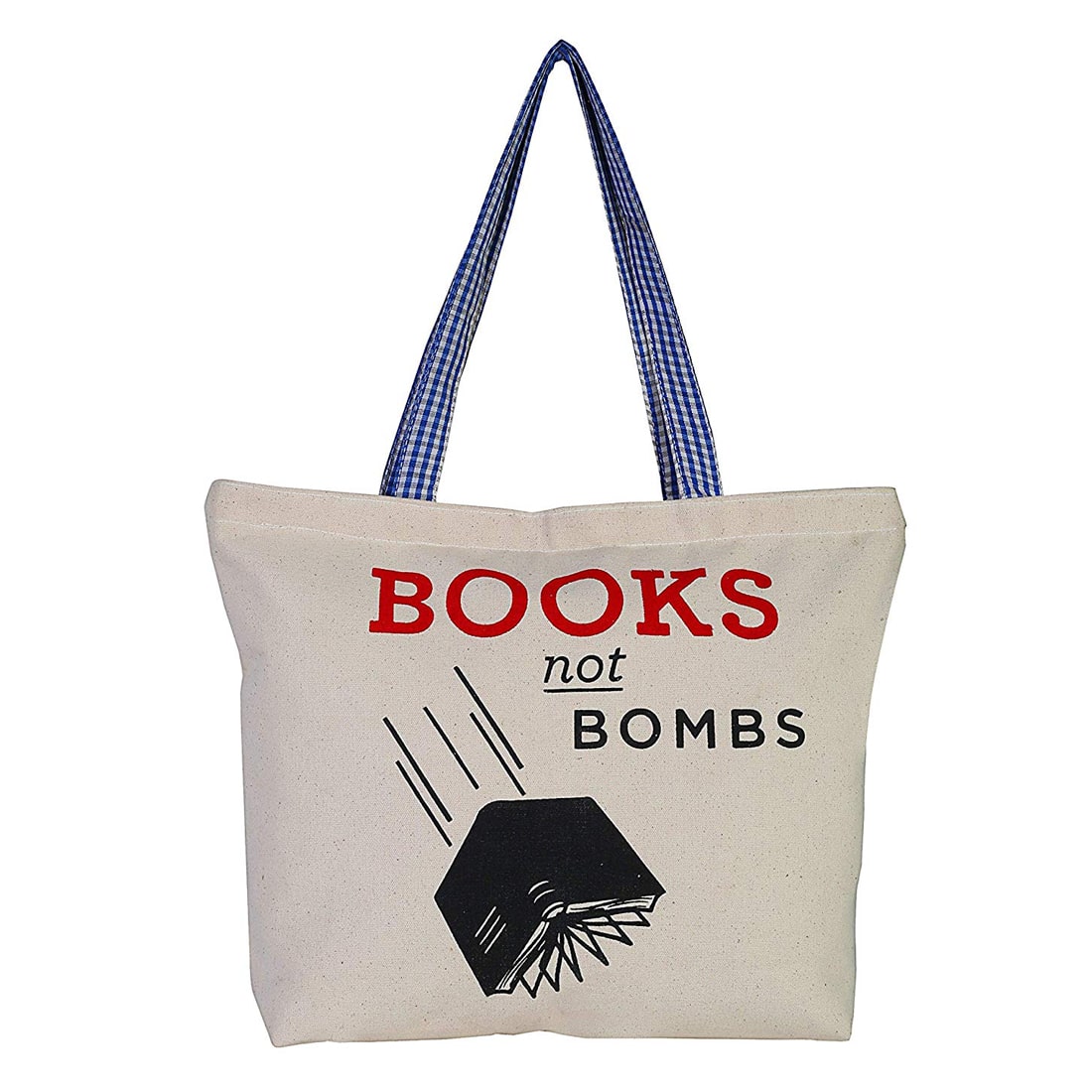 

Double R Heavy Duty 100 Pure Cotton Canvas Reusable Shopping Tote Bag or Daily Use Bag with Beautiful Quote and Large Inner Pocket - Beach Bag (Zip Closure) (Books Not Bombs)