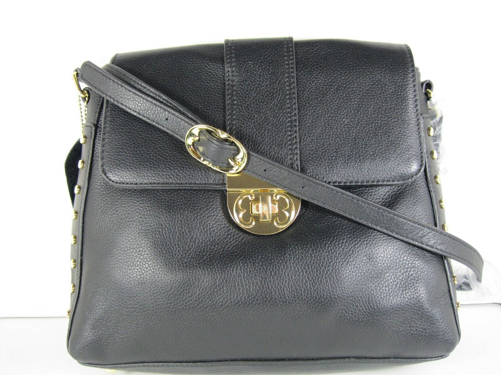 

EMMA FOX NWT Black Brookfield Flap Shoulder Bag Leather Gold Studs