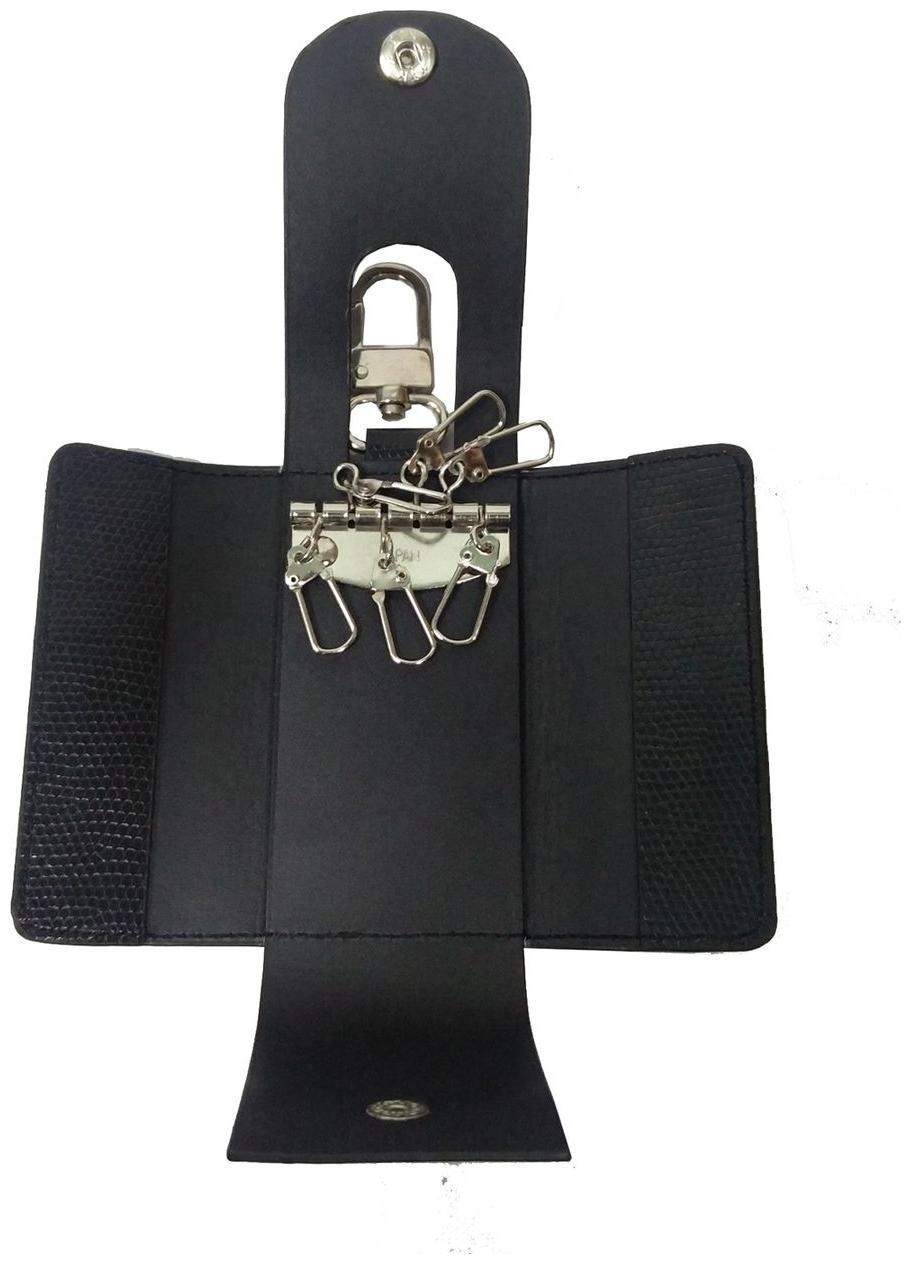 

Essart PU Leather foldable Keyfob with snakeprint finish tich button closure one ring for 6keys one doghook - Black