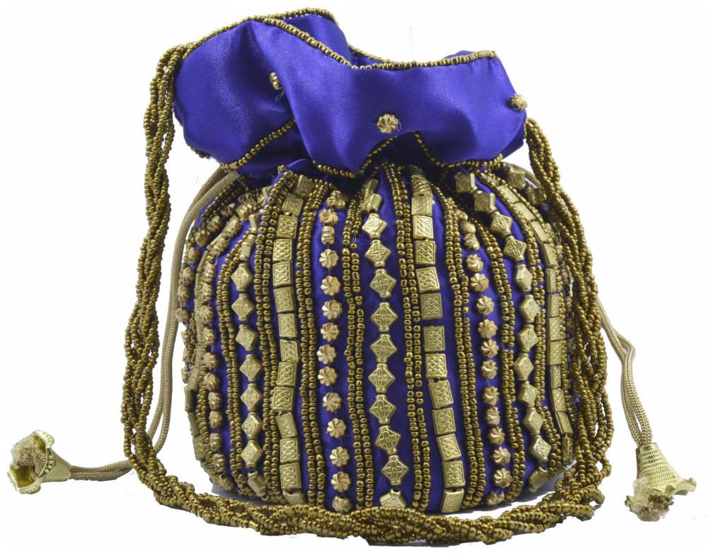 

Ethnic Rajasthani Silk Potlli Blue Golden designer hanadmade for Ladies Girls indian Party Bag