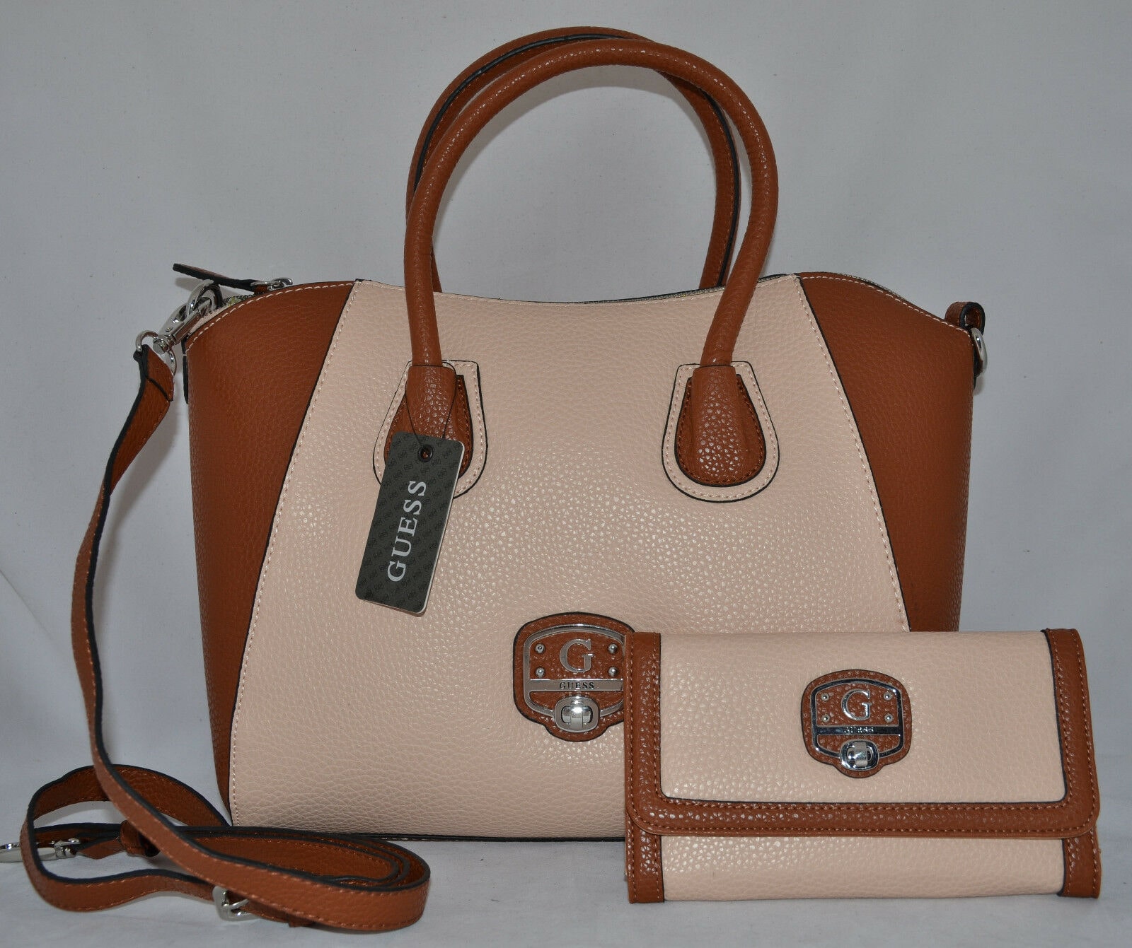 

GUESS Garland Satchel Shoulder Bag Purse Tote Wallet Checkbook Set Cognac Black