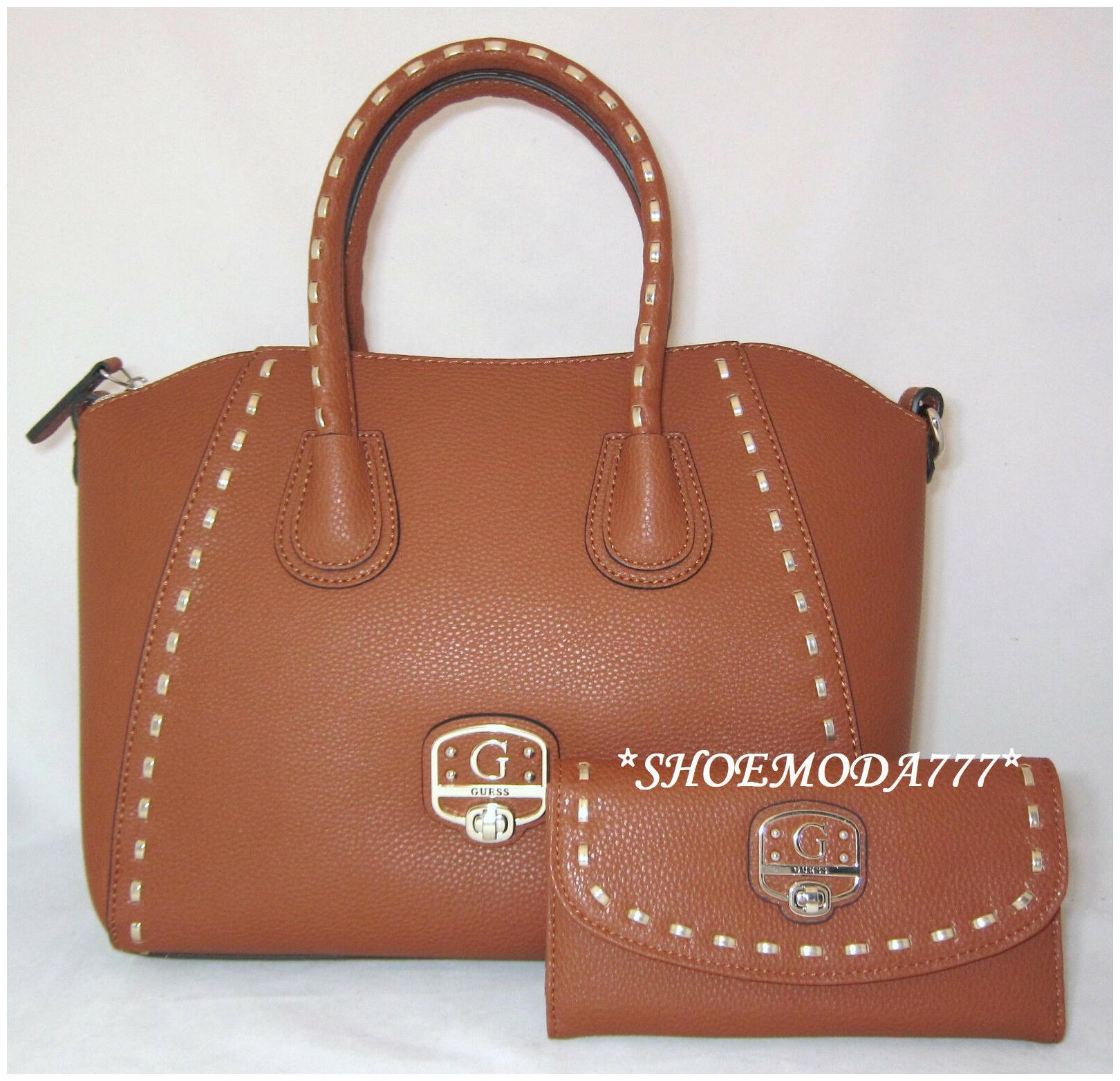 

GUESS Garland Satchel Shoulder Bag Purse Tote Wallet Checkbook Set Cognac Black