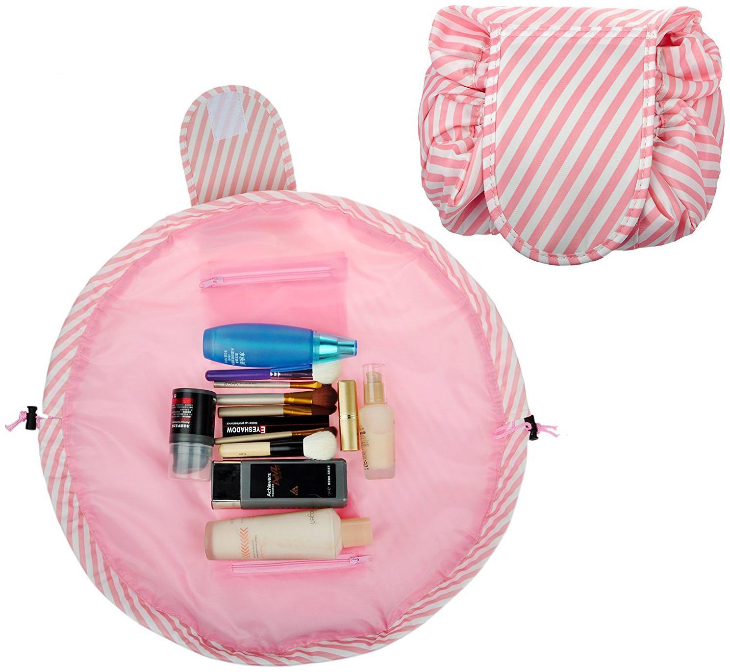 

House of Quirk Lazy Cosmetic Bag Drawstring Travel Makeup Bag Pouch Multifunction Storage Portable Toiletry Bags - Pink Stripes