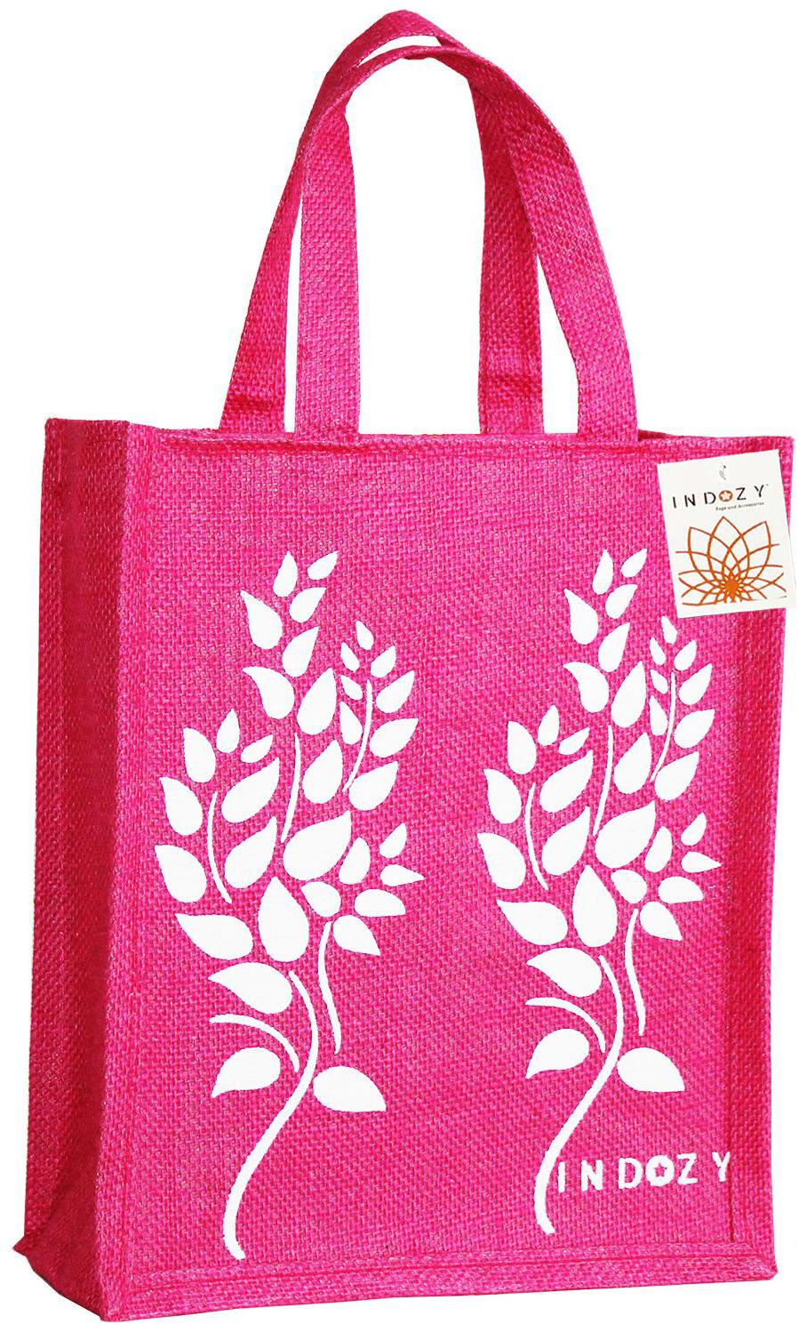 

INDOZY Jute Lunch Tiffin Carry Bag with Zip Pocket n Bottle Holder Medium Size 10x12x5 inch Reusable Tote for Women Men Office Tote Pink Leaf2