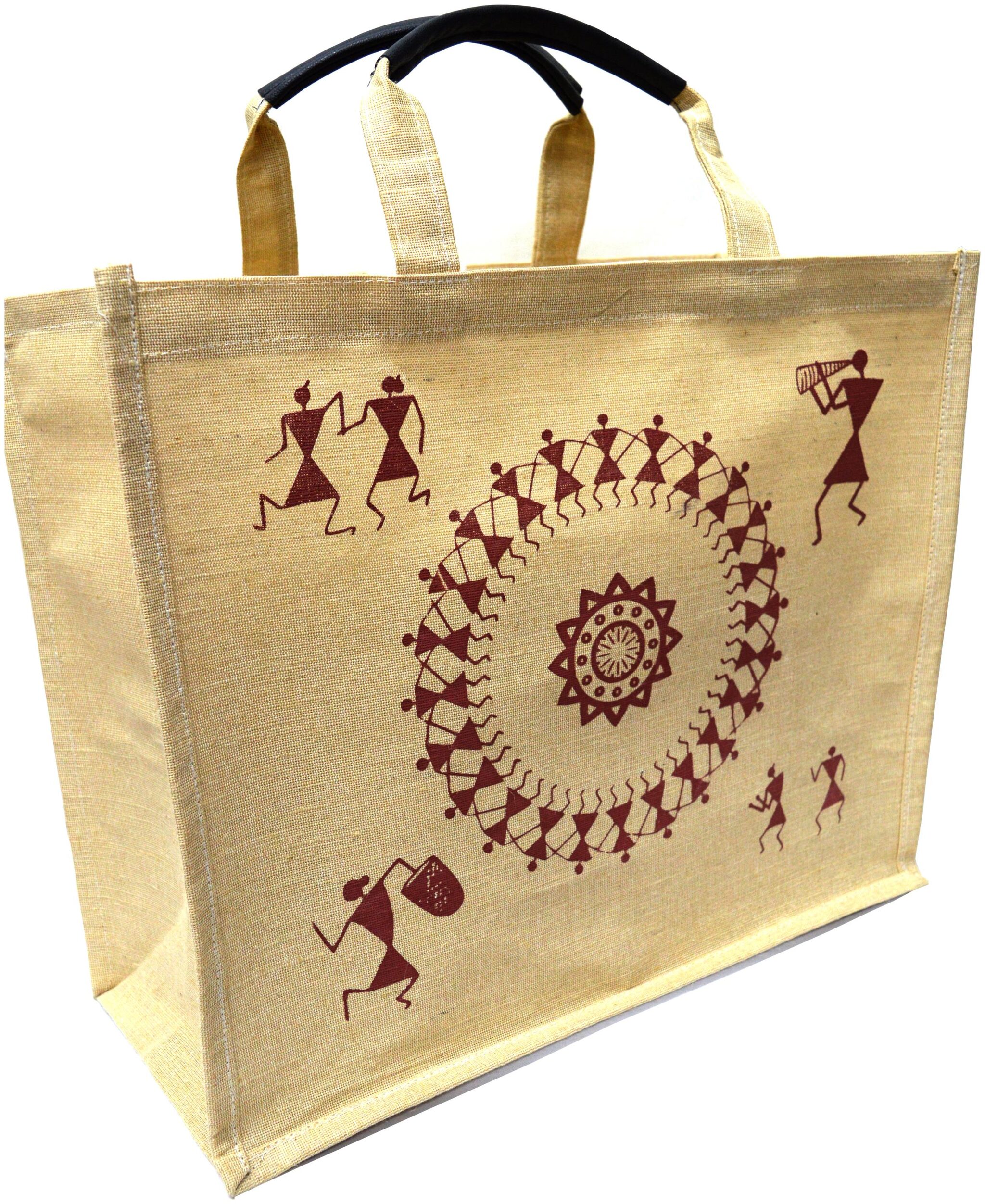 

Jineshwar Warli Arts Printed Jute Shopping Bag - Maroon