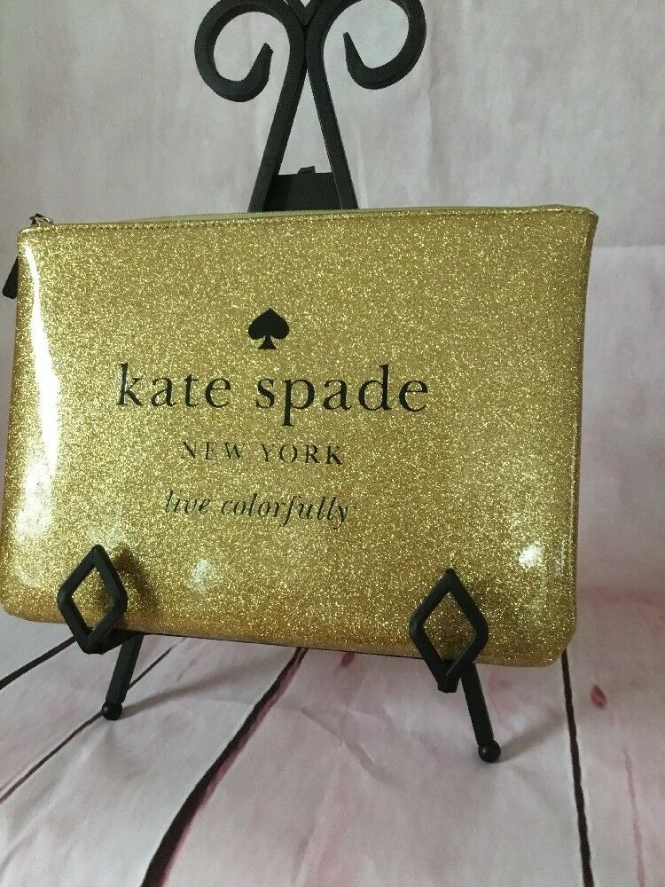 

KATE SPADE NWT GIA HOLIDAY DR SPARKLE GOLD COSMETIC BAG POUCH GLITTER SPARKLE