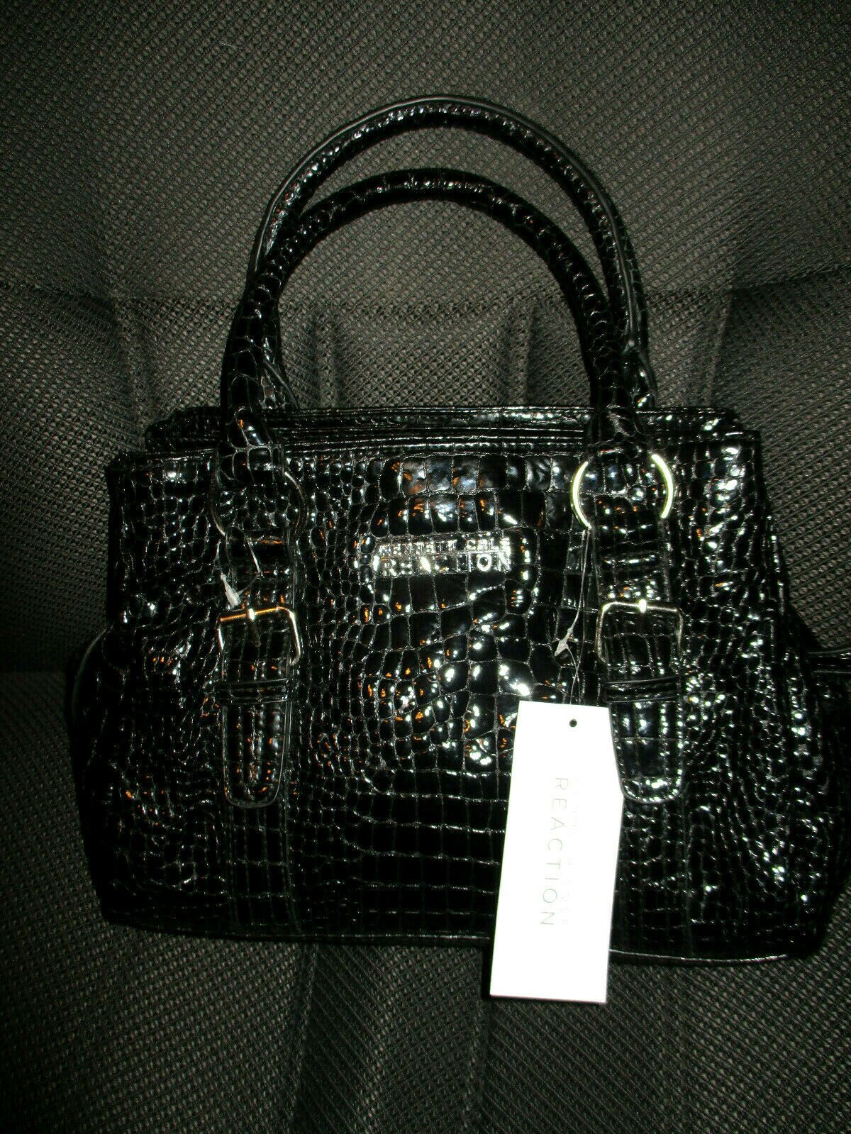 

Kenneth Cole Reaction purse triple entry satchel black PVC faux snakeskin NEW