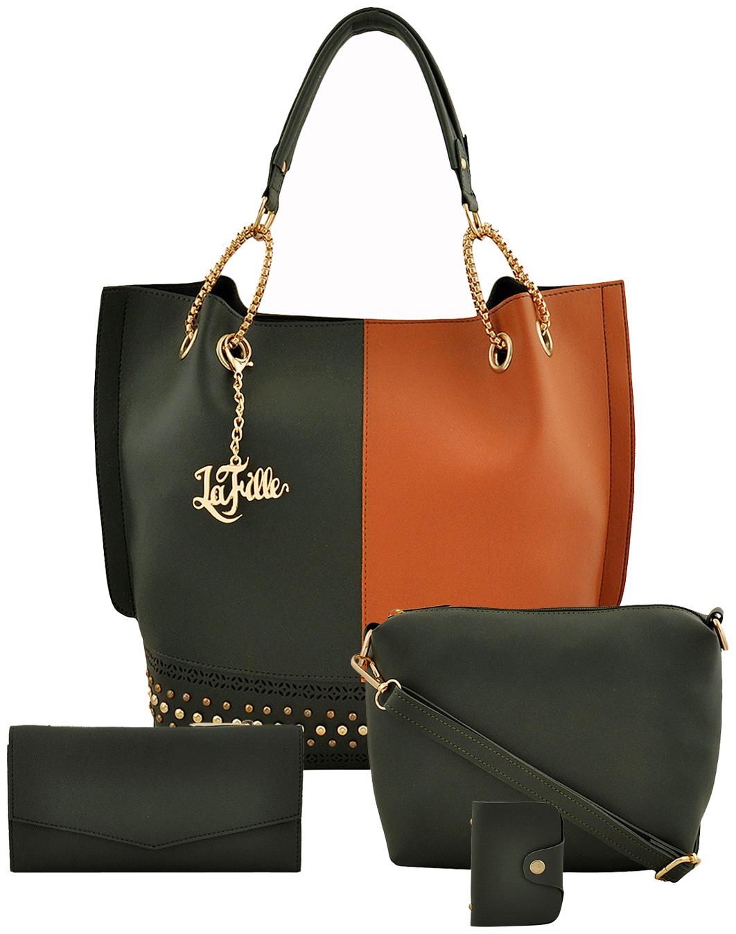

La Fille Green Brown PU Handheld Bag