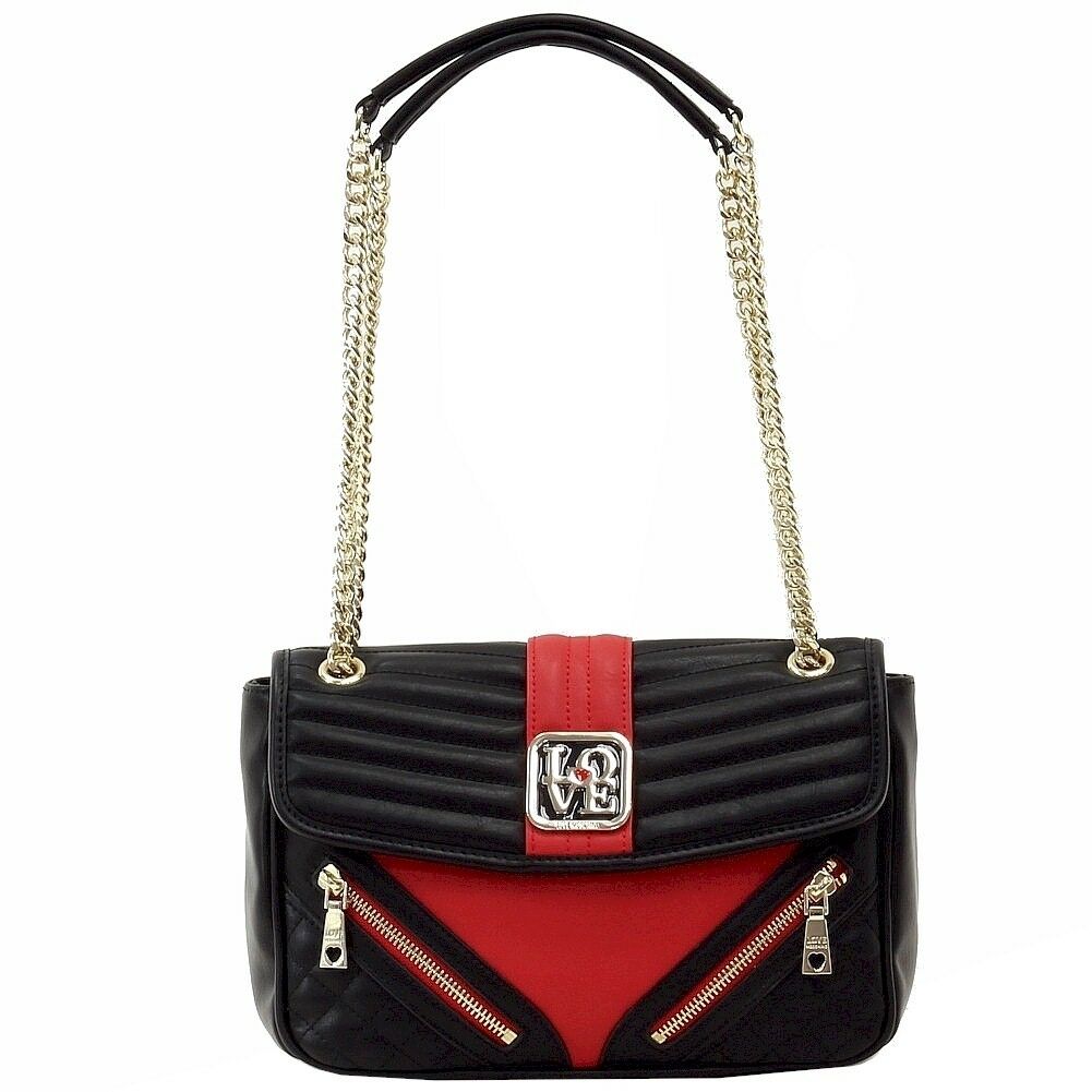 

Love Moschino Quilted Zipper Black Red Double Chain Handle Satchel Handbag