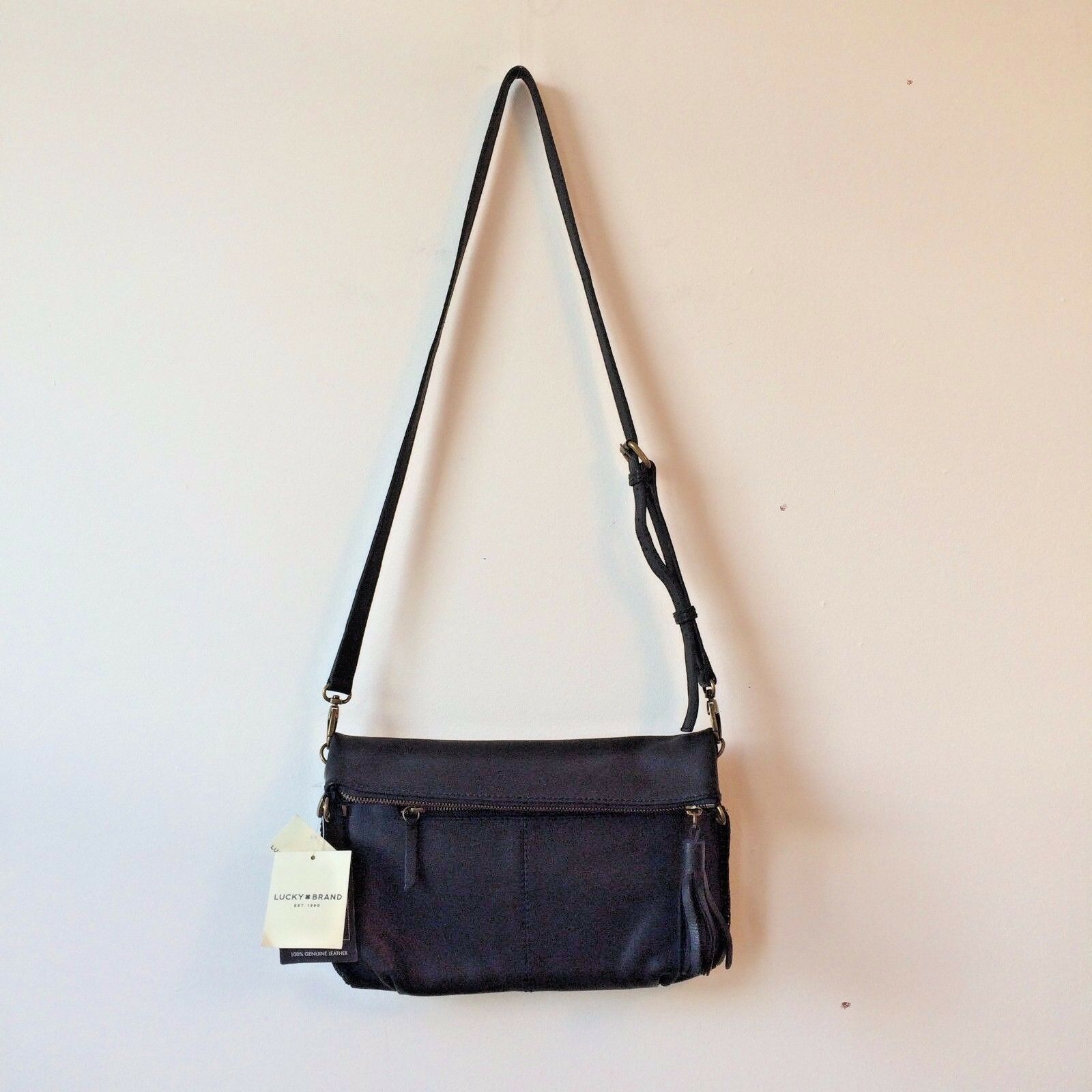 

Lucky Brand Soft Black Leather Bag Purse w Gold Hardware Fringe Tassel NWT