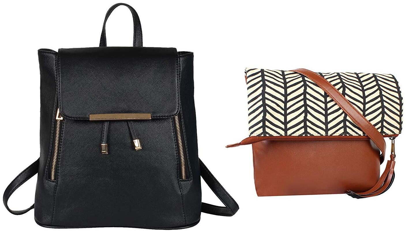 

Lychee bags Black White Canvas PU Backpack