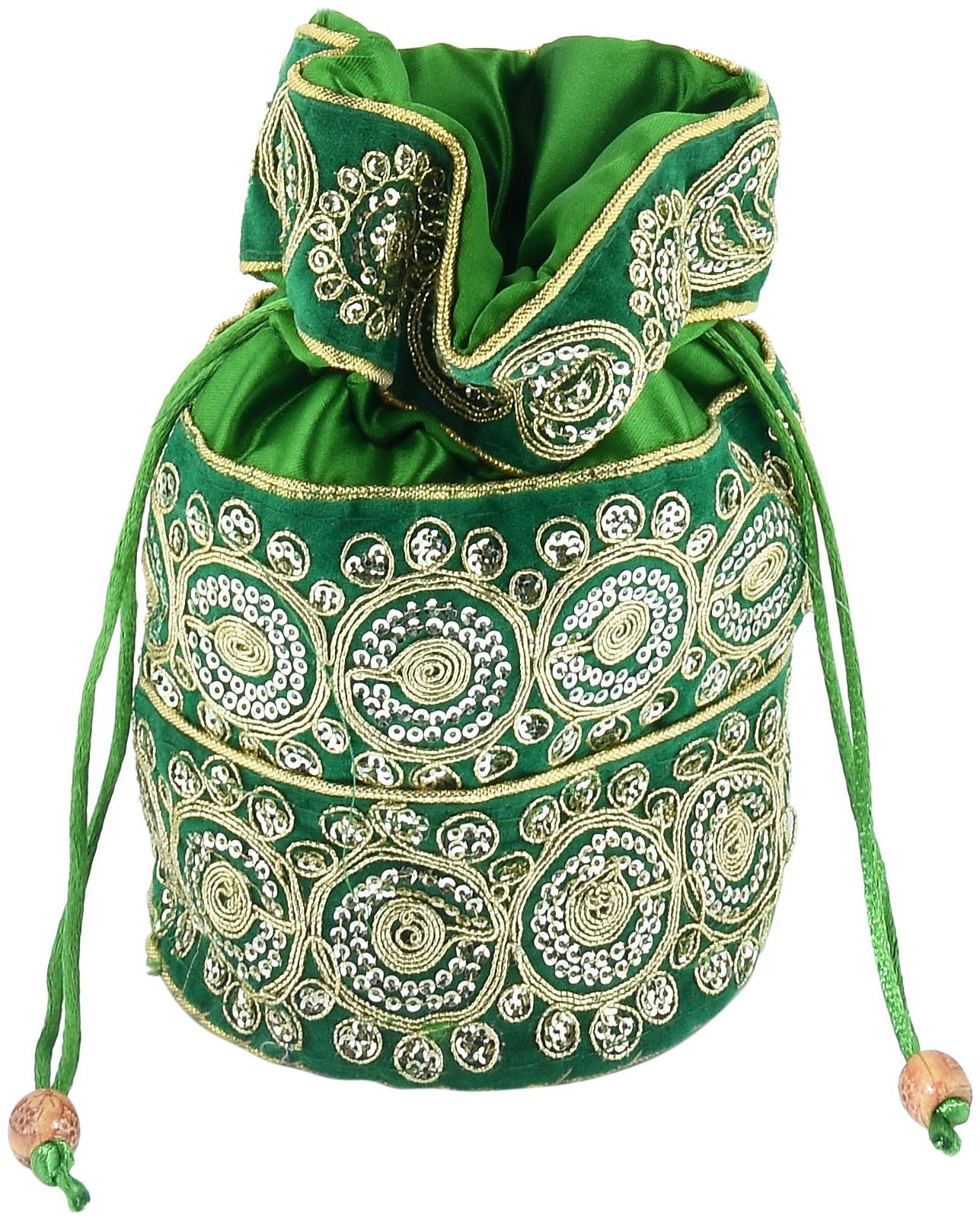 

Memoir Silky Satin Green colour handmade Zari Work Ethnic Potli handbag Women Ladies