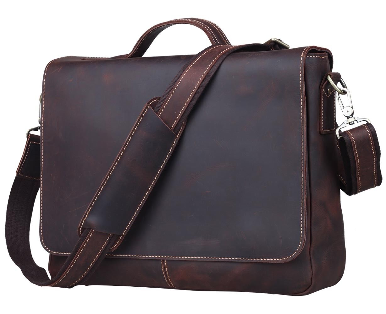 

Men 14 Laptop Briefcase Vintage Real Leather Shoulder Messenger Bag Satchel