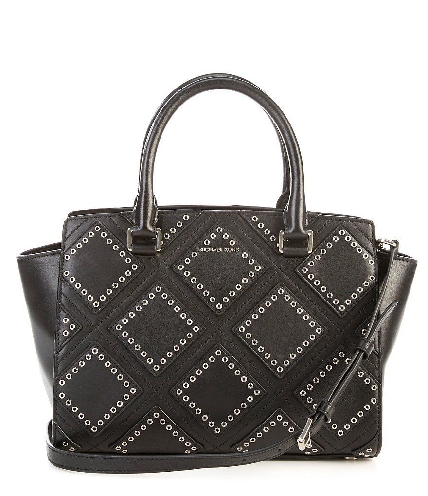 

Michael Kors Selma Medium Diamond Grommet Top Zip Black Leather Satchel