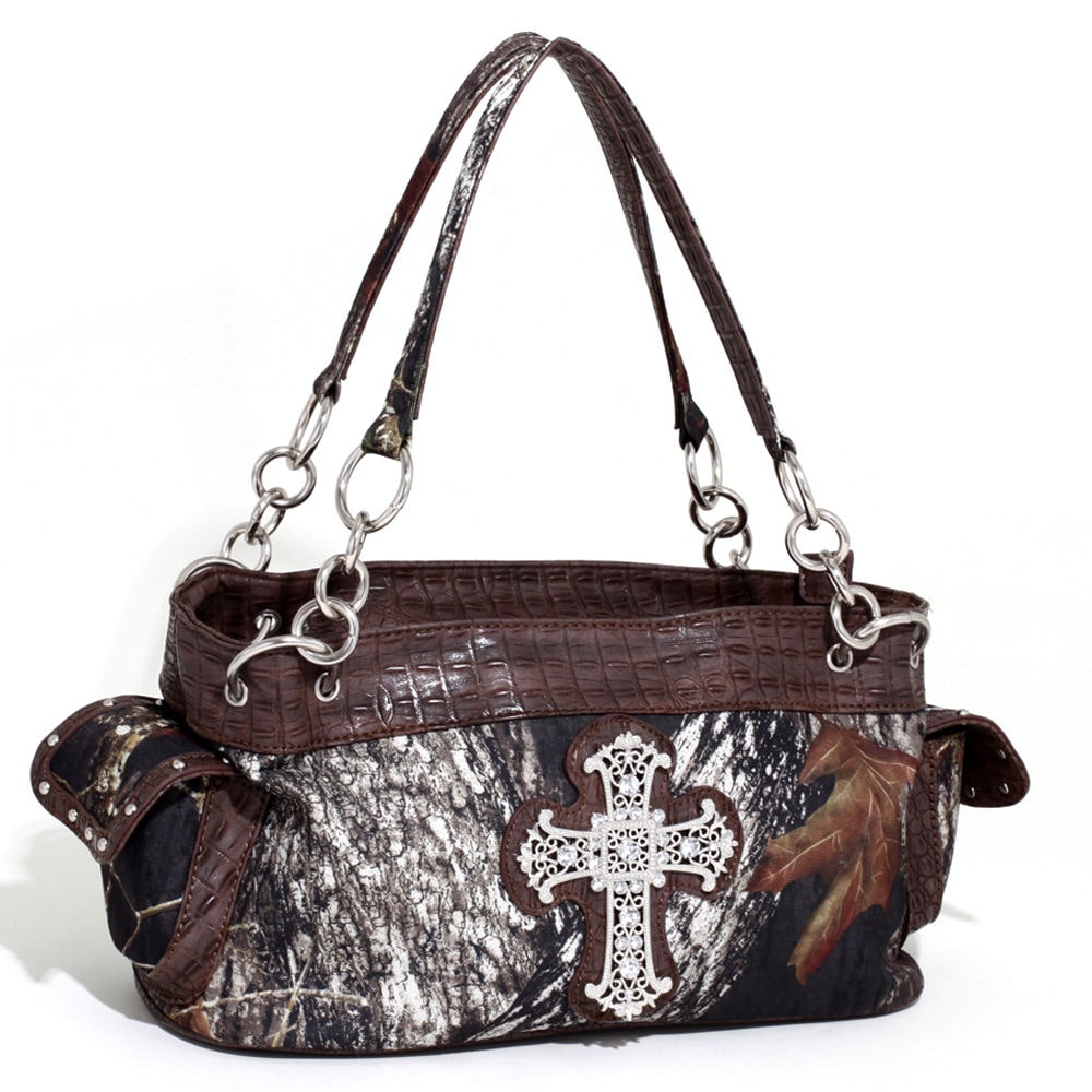 

Mossy Oak Camo Cross Purse Camouflage Rhinestone Handbag Brown Trim