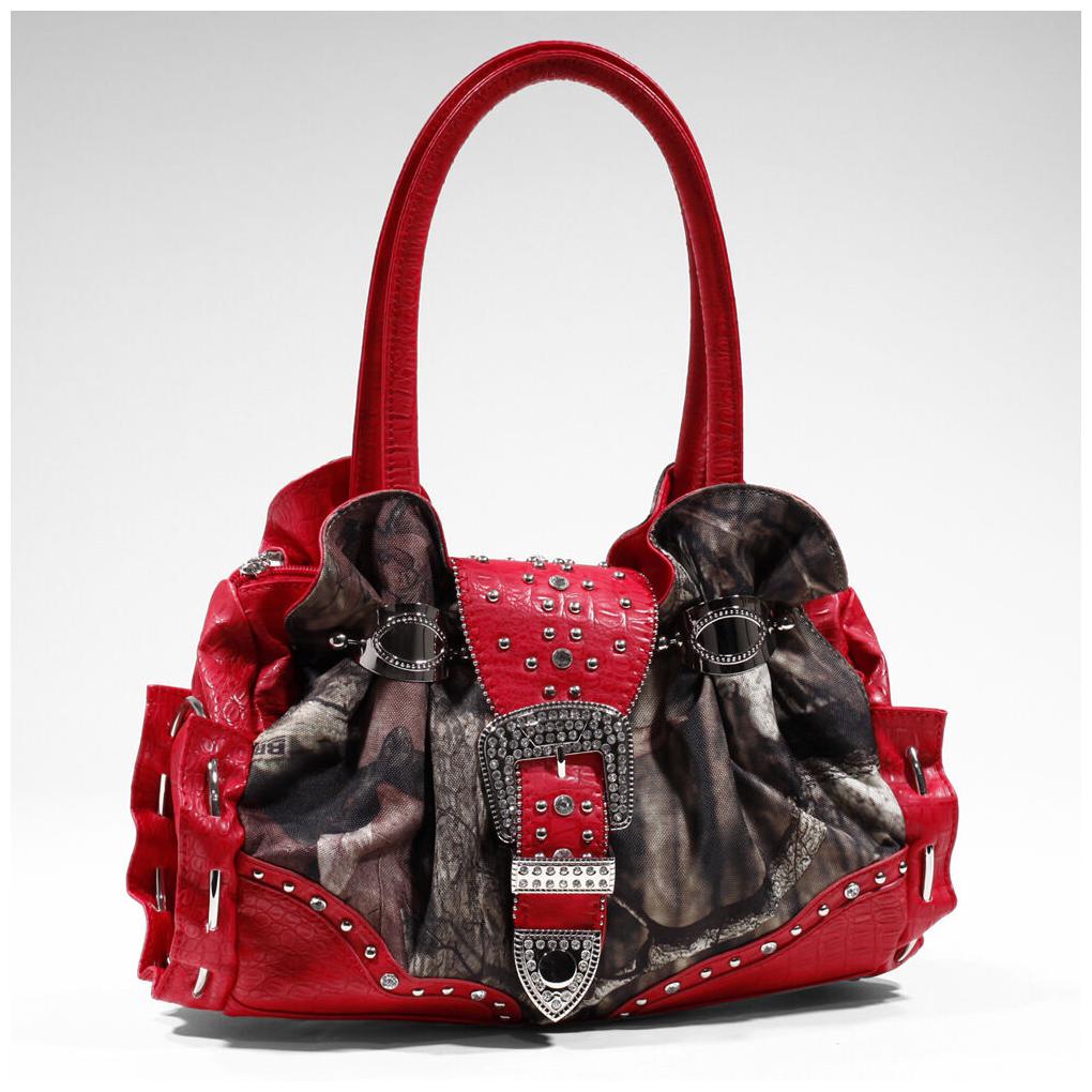 

Mossy Oak Licensed Camouflage Red Rhinestone Buckle Purse Camo Handbag