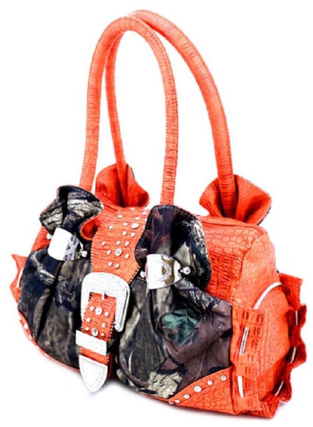 

MOSSY OAK LICENSED CAMOUFLAGE ORANGE RHINESTONE BUCKLE PURSE CAMO HANDBAG