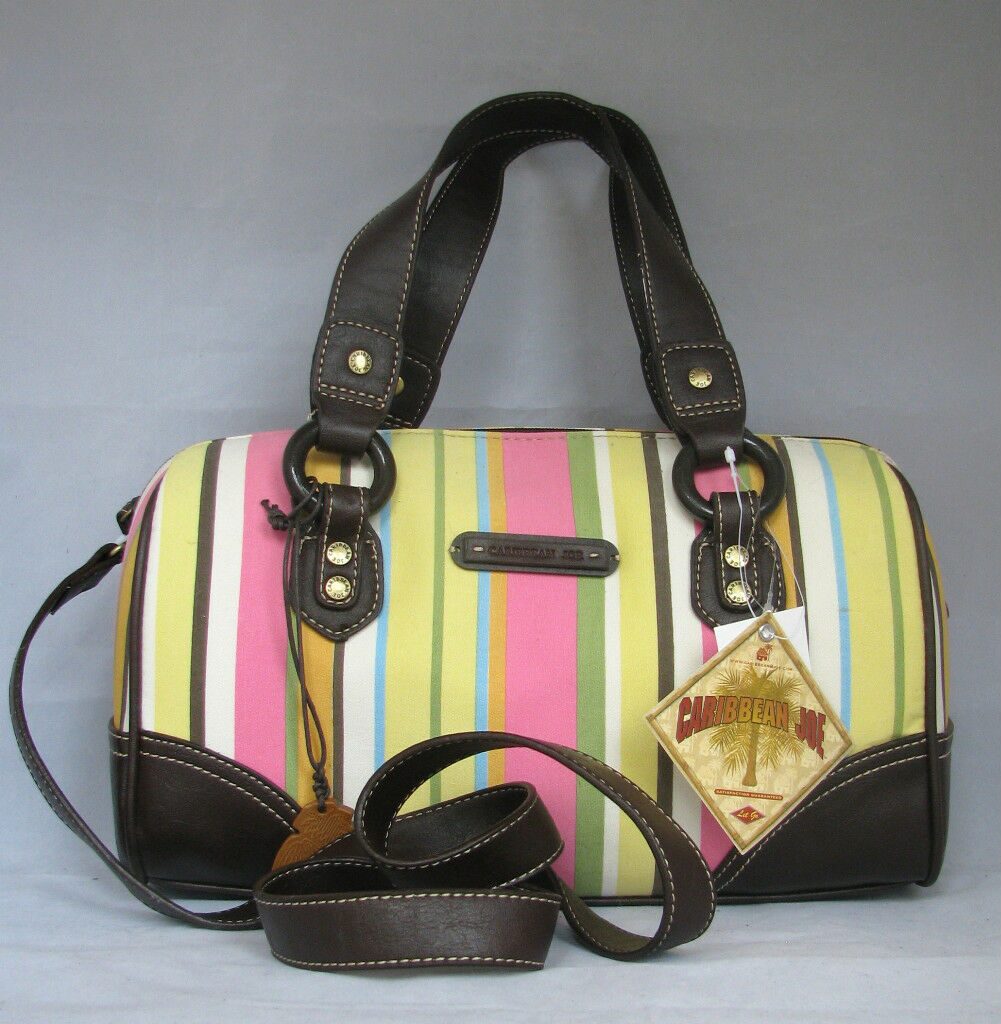 

NEW CARIBBEAN JOE SANDY ISLAND BROWN PINK YELLOW PASTAL COLOR STRIPE SATCHEL BAG