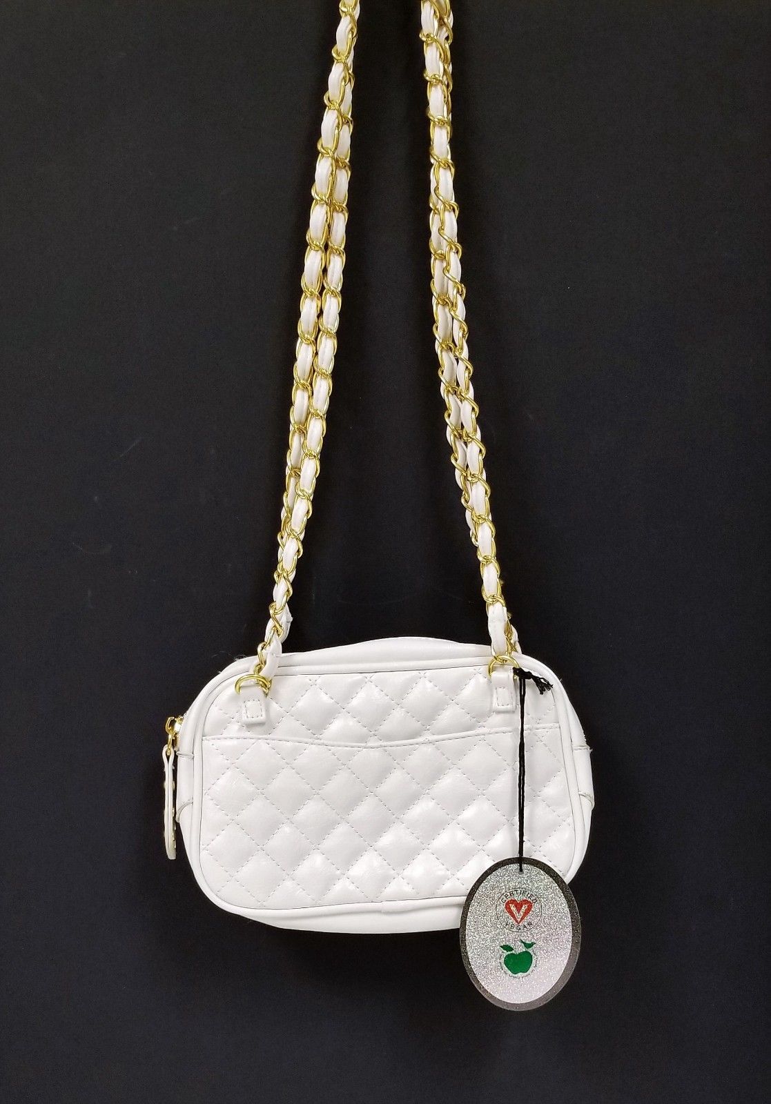 

NEW URBAN EXPRESSIONS PATENT OFF WHITE QUILTED GOLD BRAIDED CHAIN SHOULDER BAG