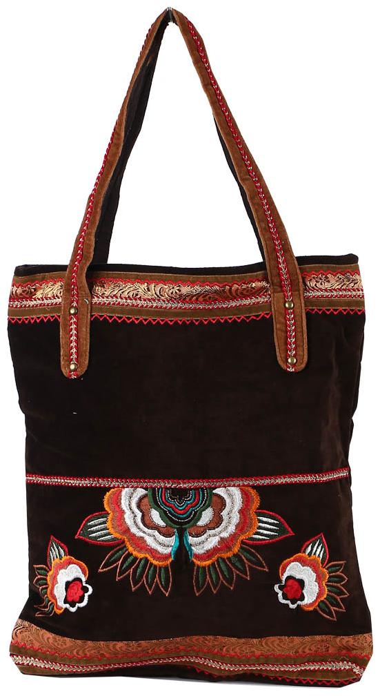 

Prasiddhi Women Brown Velvet Embroidered Tote Bag with Velvet Straps