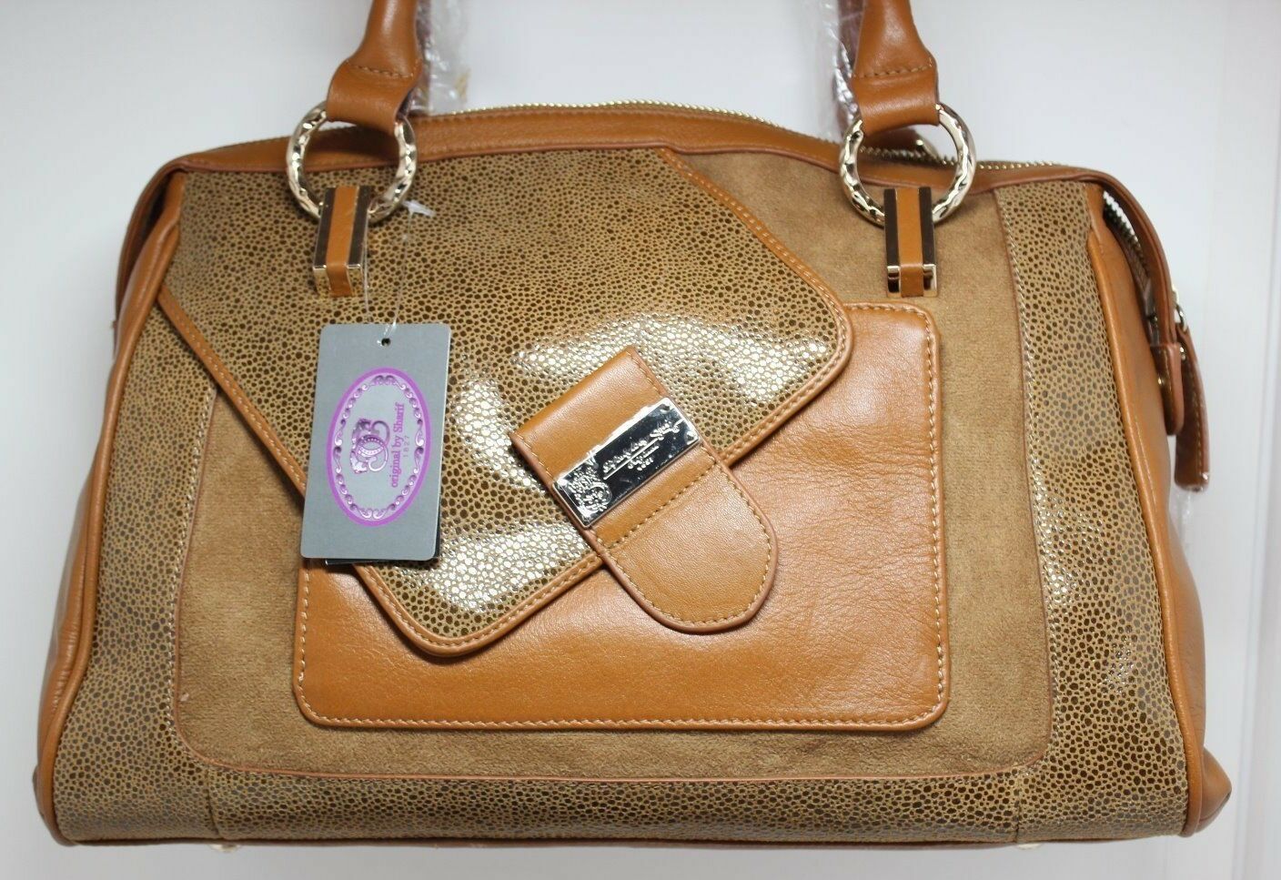 

SHARIF LEATHER SUEDE EMBOSSED SHOULDER SATCHEL PURSE NWT CARMEL GOLD TONE HW